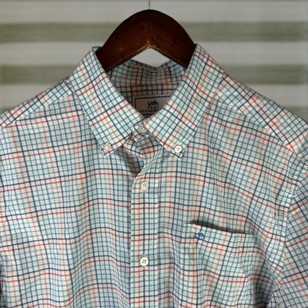 Southern Tide Southern Tide Intercoastal Shirt Mens Medium Blue Orange Plaid Performance 9136 Size US M / EU 48-50 / 2 - 1 Thumbnail