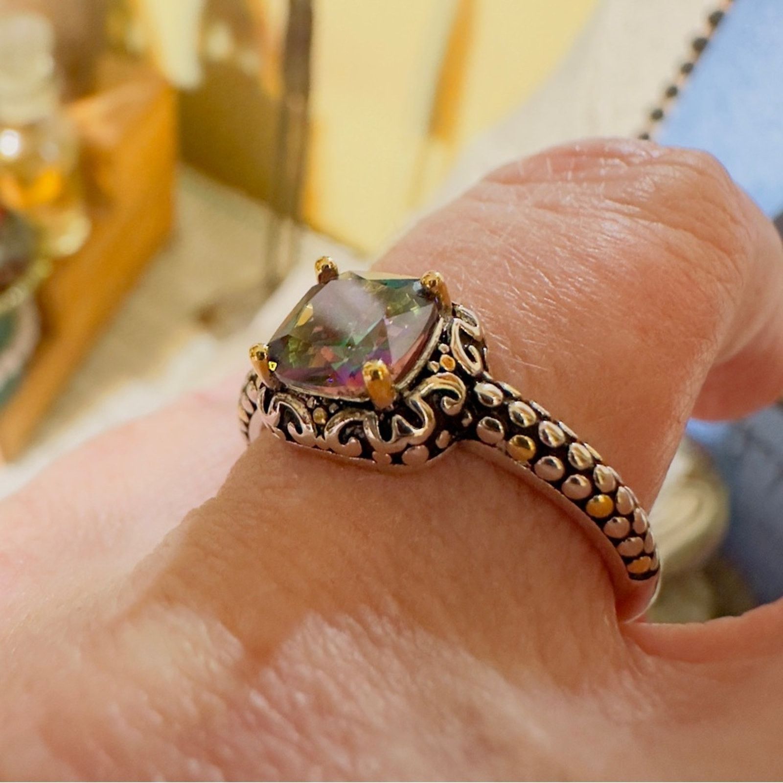 The Unbranded Brand Sterling Silver Celtic Rainbow Topaz Cushion CZ Ring Size ONE SIZE - 3 Thumbnail