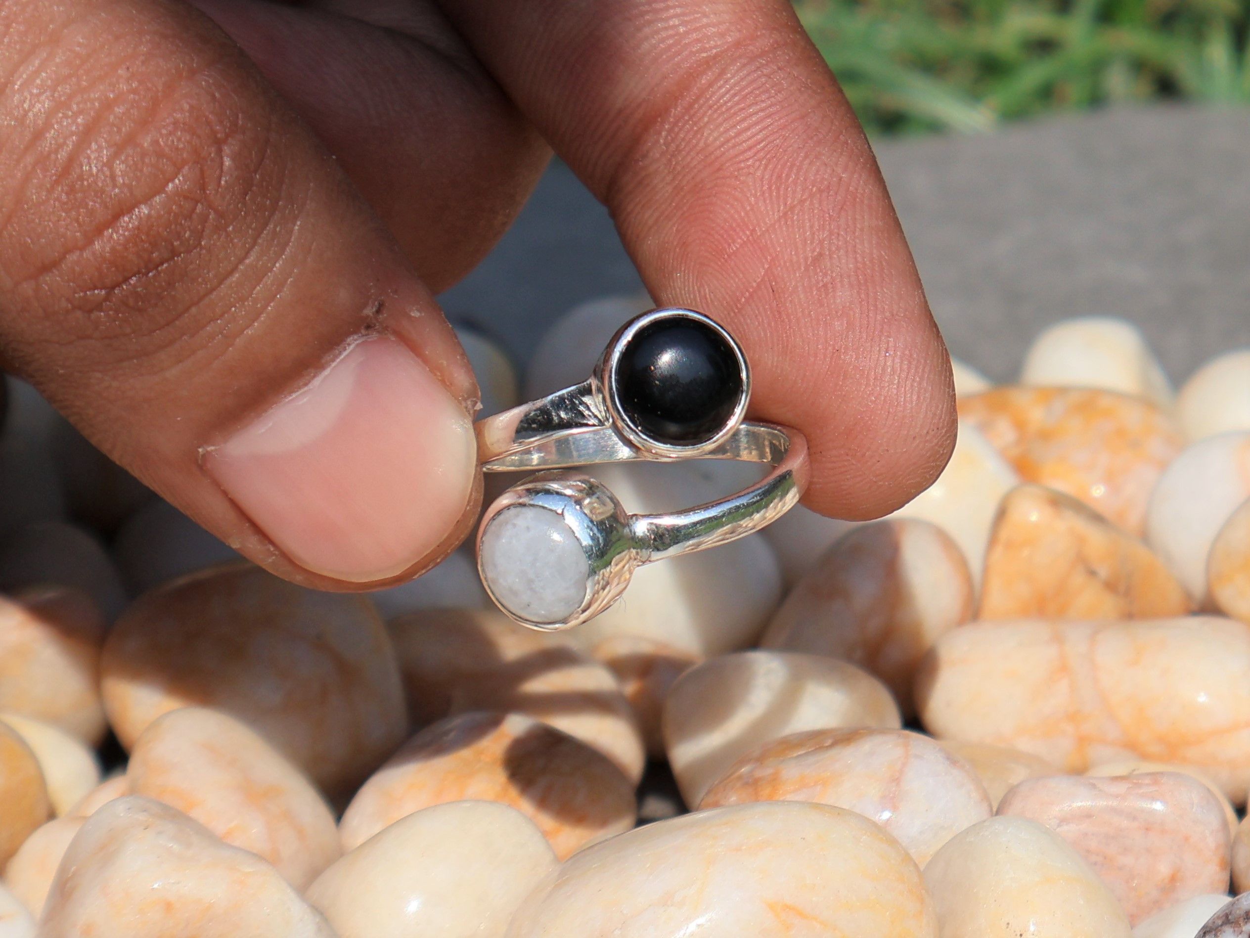 Handmade Rainbow Moonstone Ring, Black Onyx Ring, Handmade Women Ring Size ONE SIZE - 1 Thumbnail
