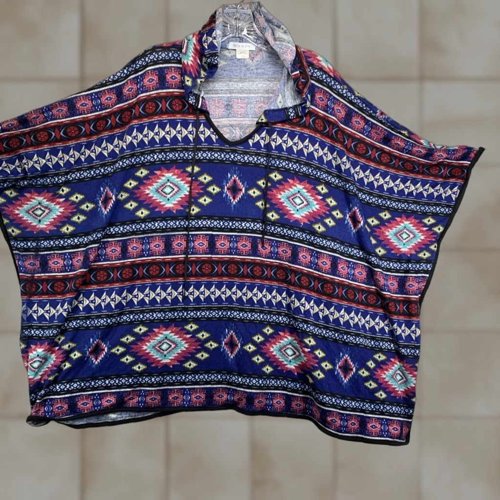 Vintage Woman’s Beach Pancho Hoodie All Over Tribal Print Lightweight Medium Beach Ready Size M / US 6-8 / IT 42-44 - 1 Thumbnail