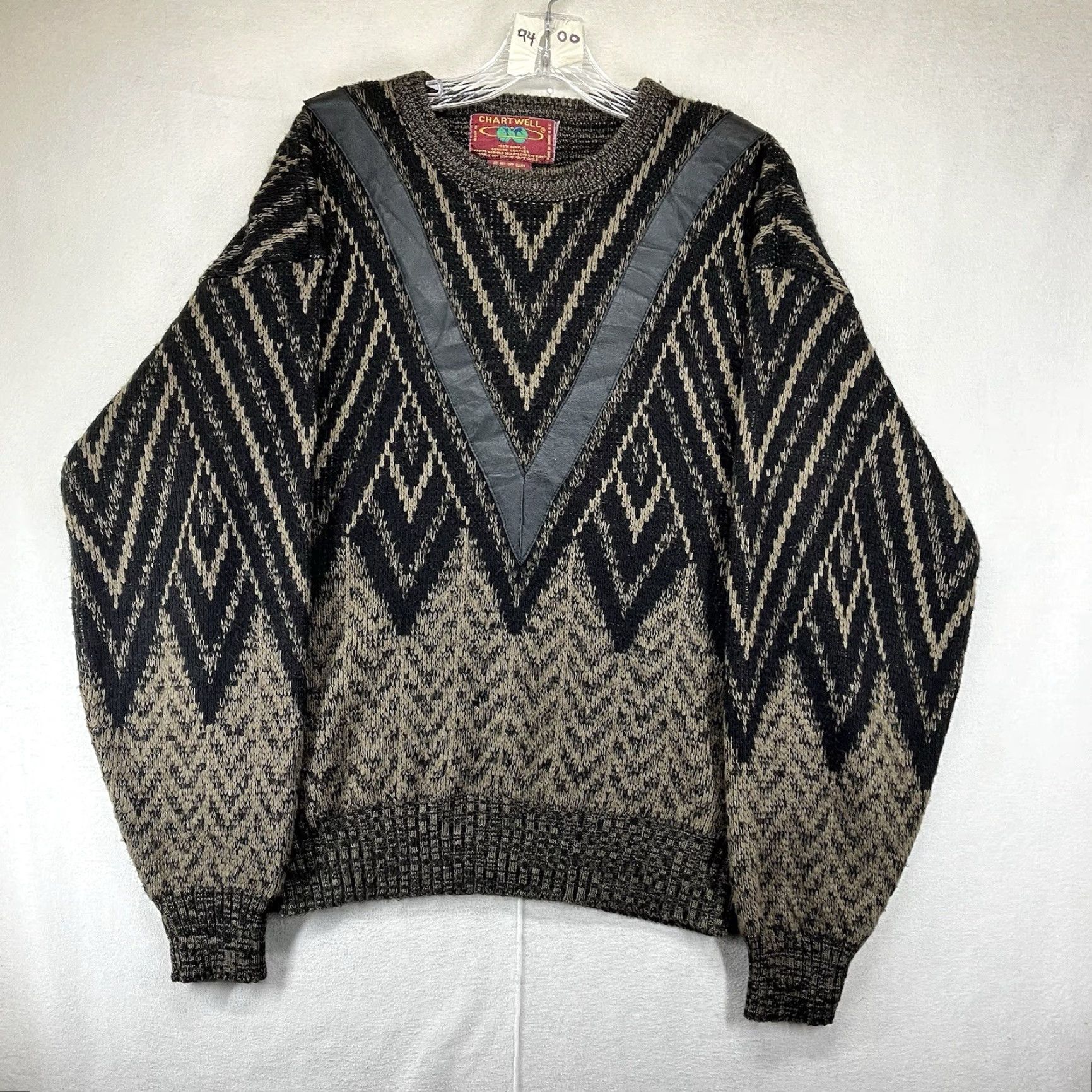 Vintage VINTAGE Cartwell Leather Acrylic Sweater Pullover Crew Neck Long Sleeve Men L Black Tan Geometric Pattern 80s 70s Bohemian Retro Size US L / EU 52-54 / 3 - 2 Thumbnail