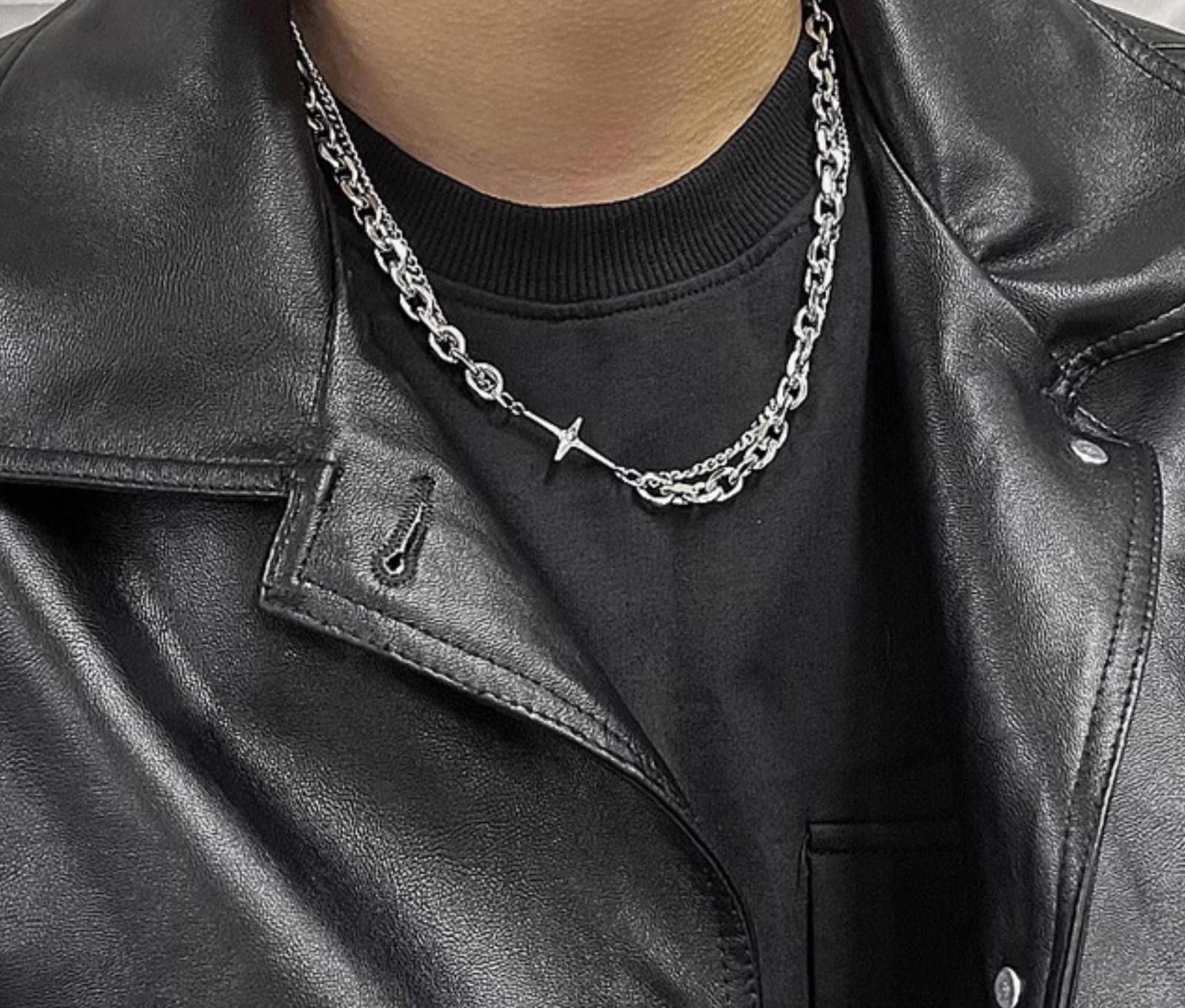 Jewelry Star Double Layer Necklace, Y2K Star Necklace in Silver, Men's