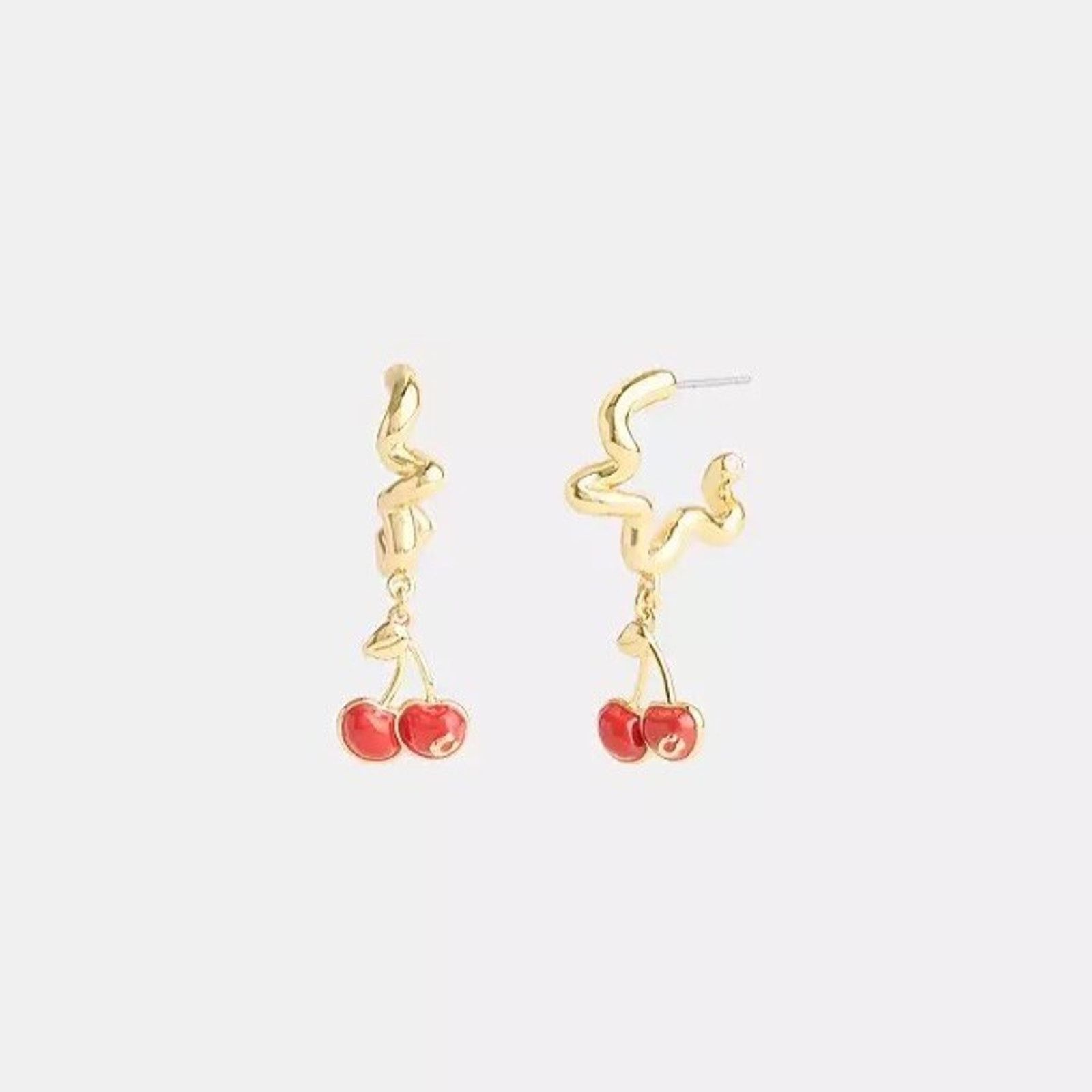 Coach NEW Coach Cherry Wavy Huggie Earrings Gold/Red CAA16 Size ONE SIZE - 3 Thumbnail