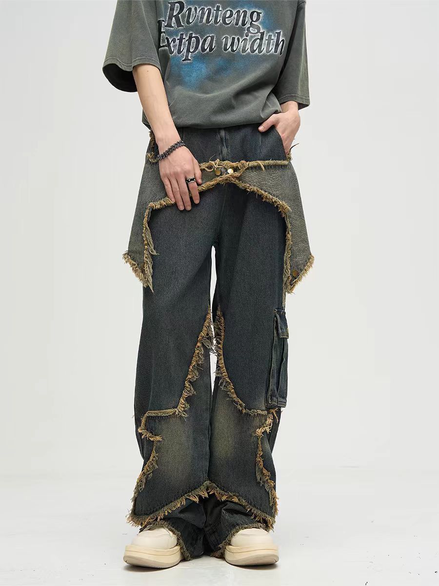 Japanese Brand × Jean Street Raw Edge Pentagram Design Wide Leg Jeans Size US 32 / EU 48 - 1 Thumbnail