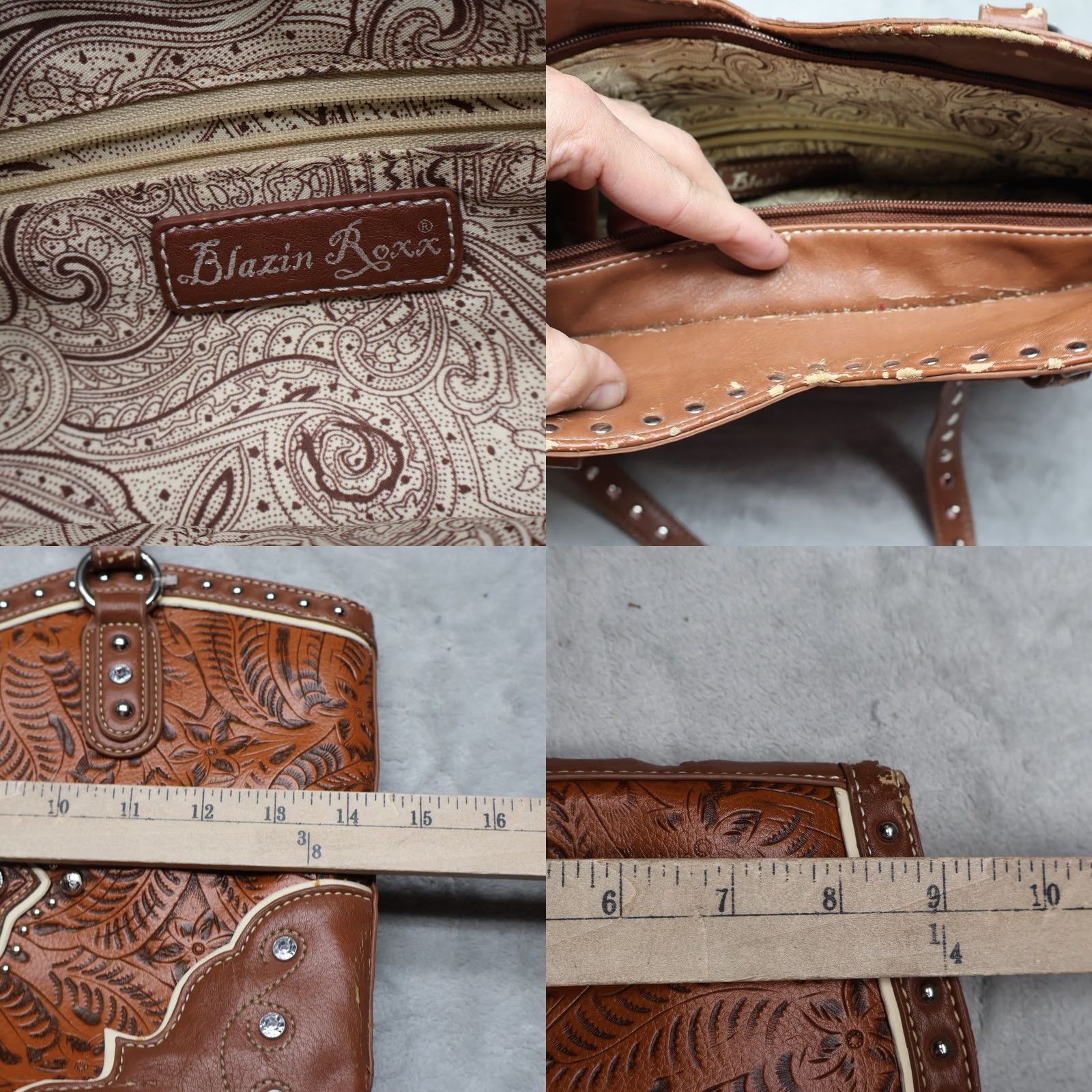 Vintage Blazin Roxx Tote Bag Women OS Brown Tooled Leather Studded Cross Western Rustic Size ONE SIZE - 8 Thumbnail