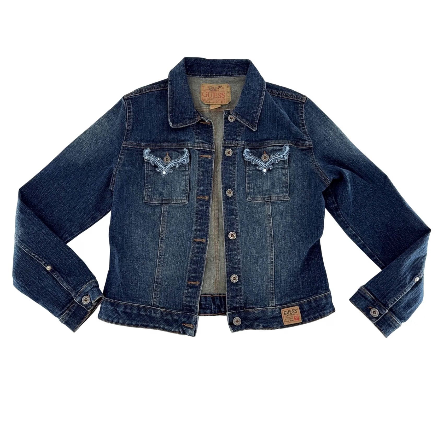 Guess VINTAGE Guess Womens Denim Jacket Blue Embellished Pockets Button Front L Cotton Spandex Size L / US 10 / IT 46 - 4 Thumbnail