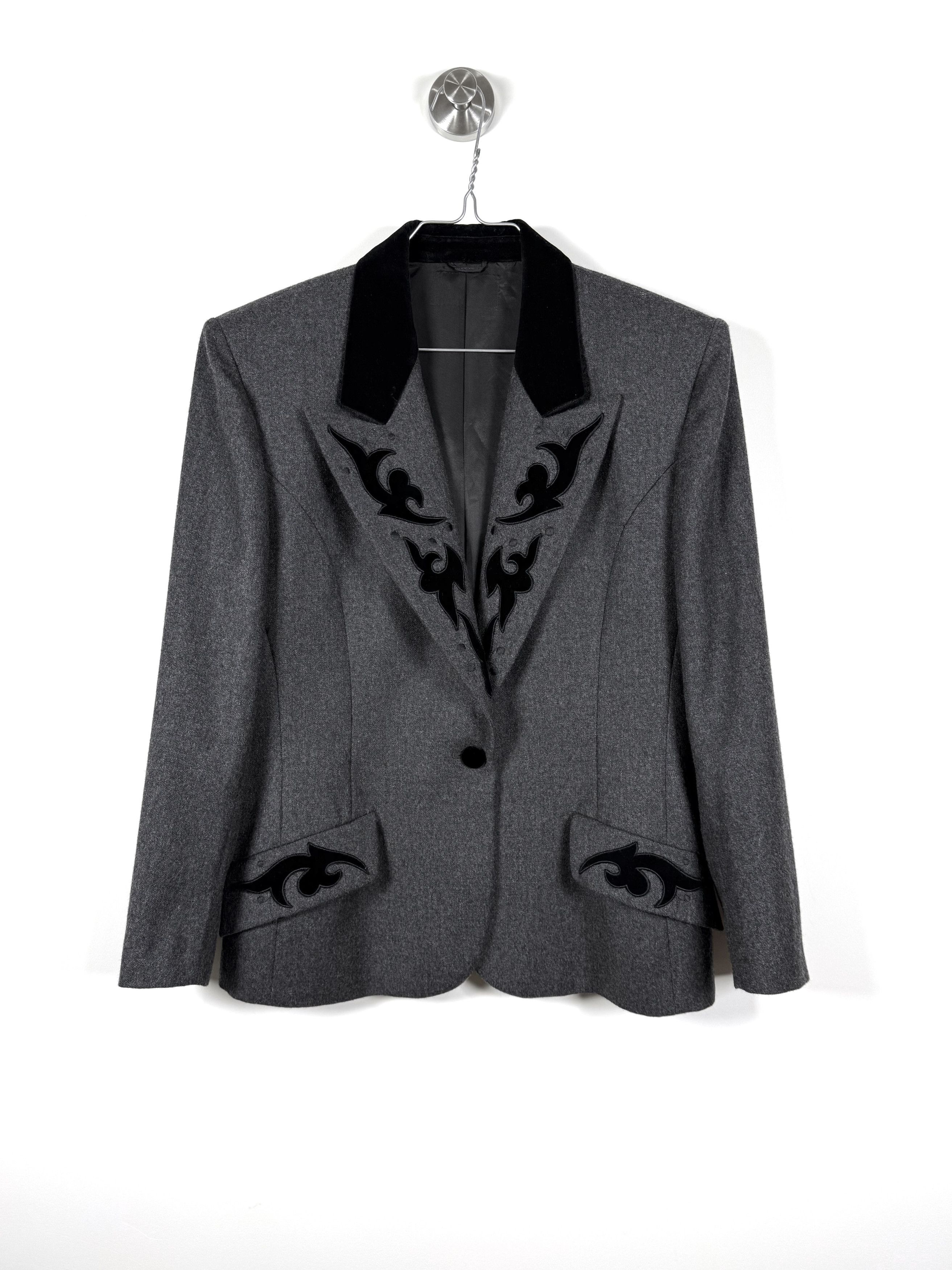 Vintage Vintage Grey Wool Blazer with Velvet Appliqué Details (M) Size M / US 6-8 / IT 42-44 - 1 Thumbnail