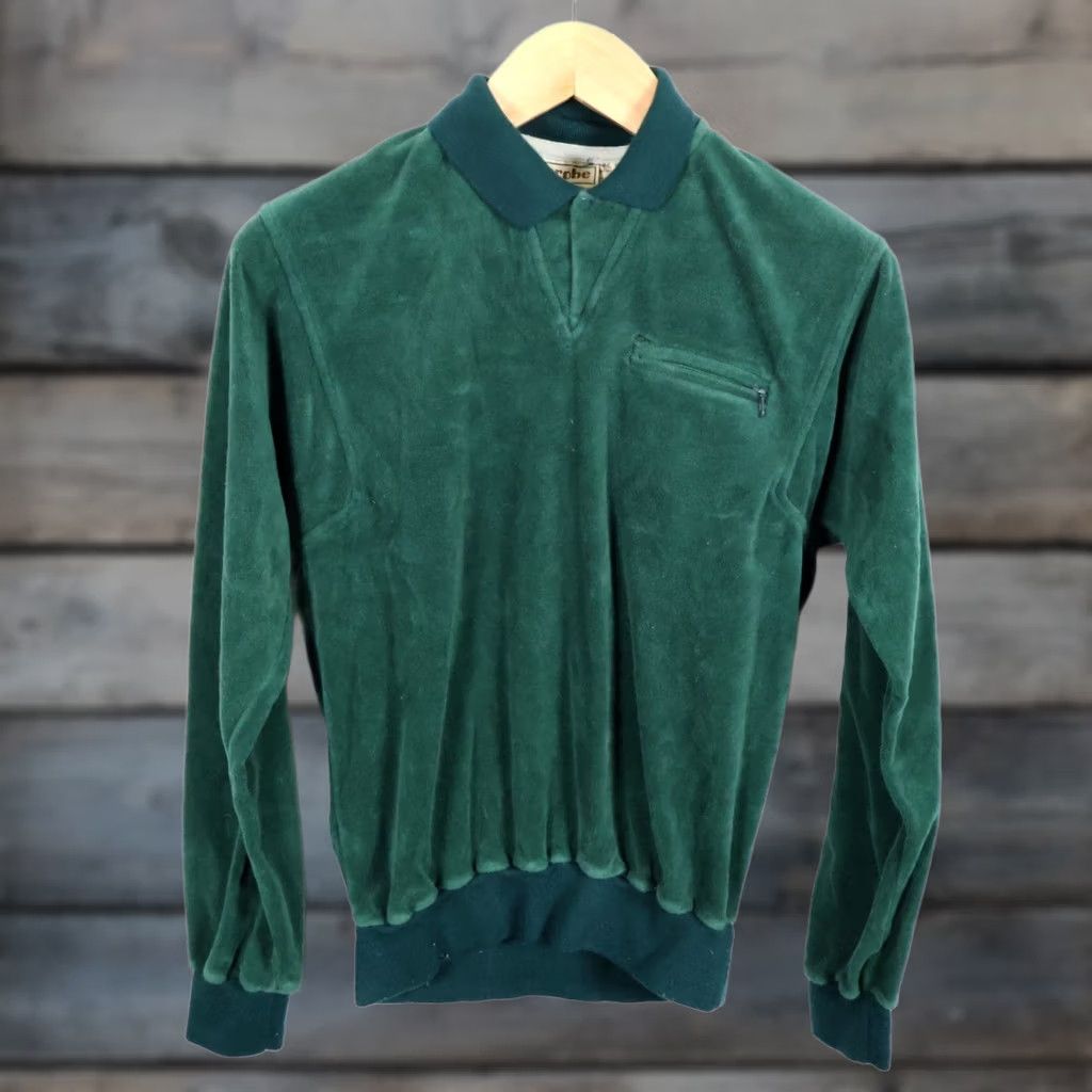 Velour Probe Velour Polo Shirt Mens M Dark Green 80s Long Sleeve Retro VTG Vintage Velour Collared Snap Button Pullover Casual Shirt Size US M / EU 48-50 / 2 - 1 Thumbnail