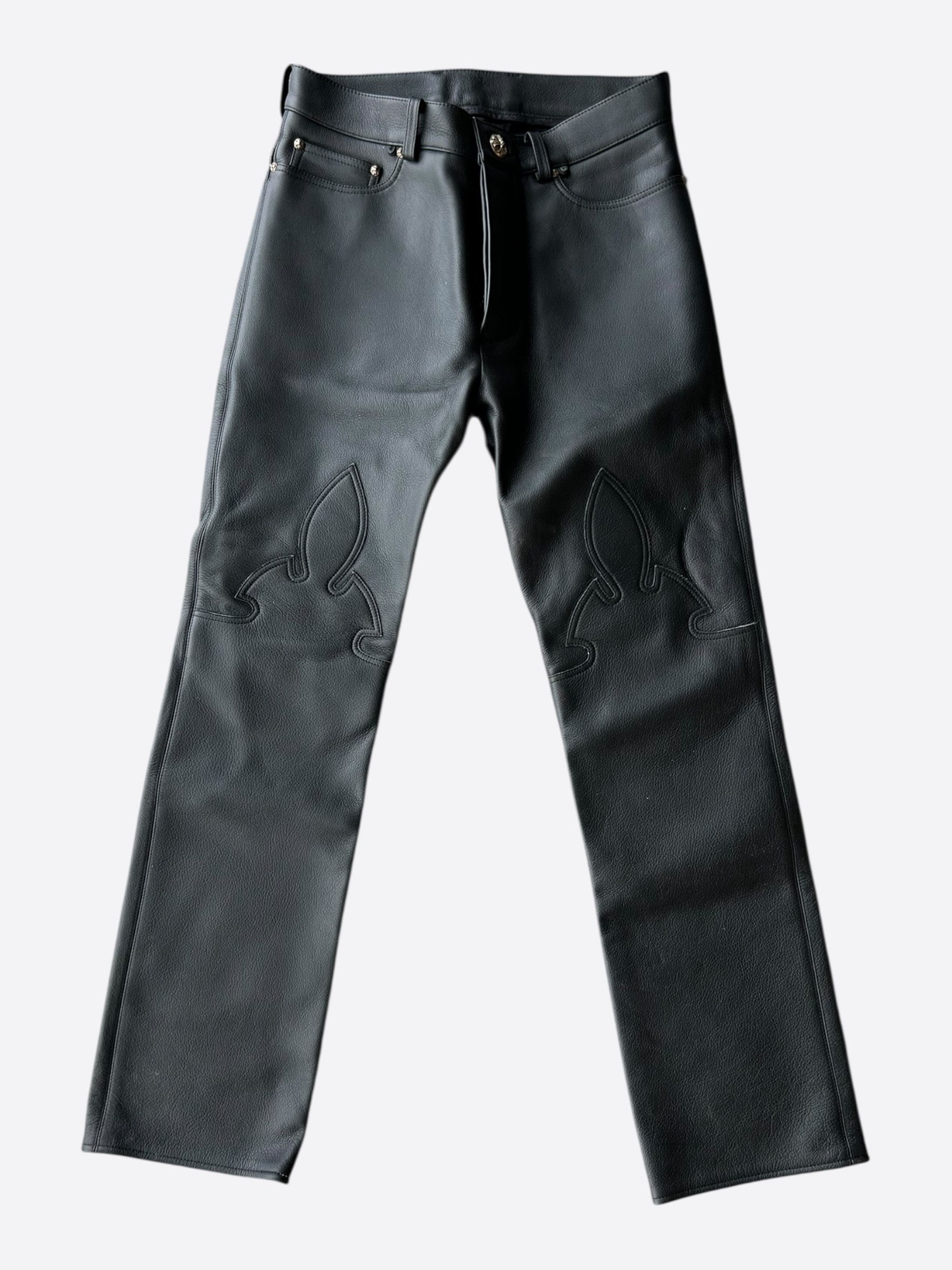 Chrome Hearts Chrome Hearts Black Leather Fleur Knee Pants Size US 29 - 1 Thumbnail
