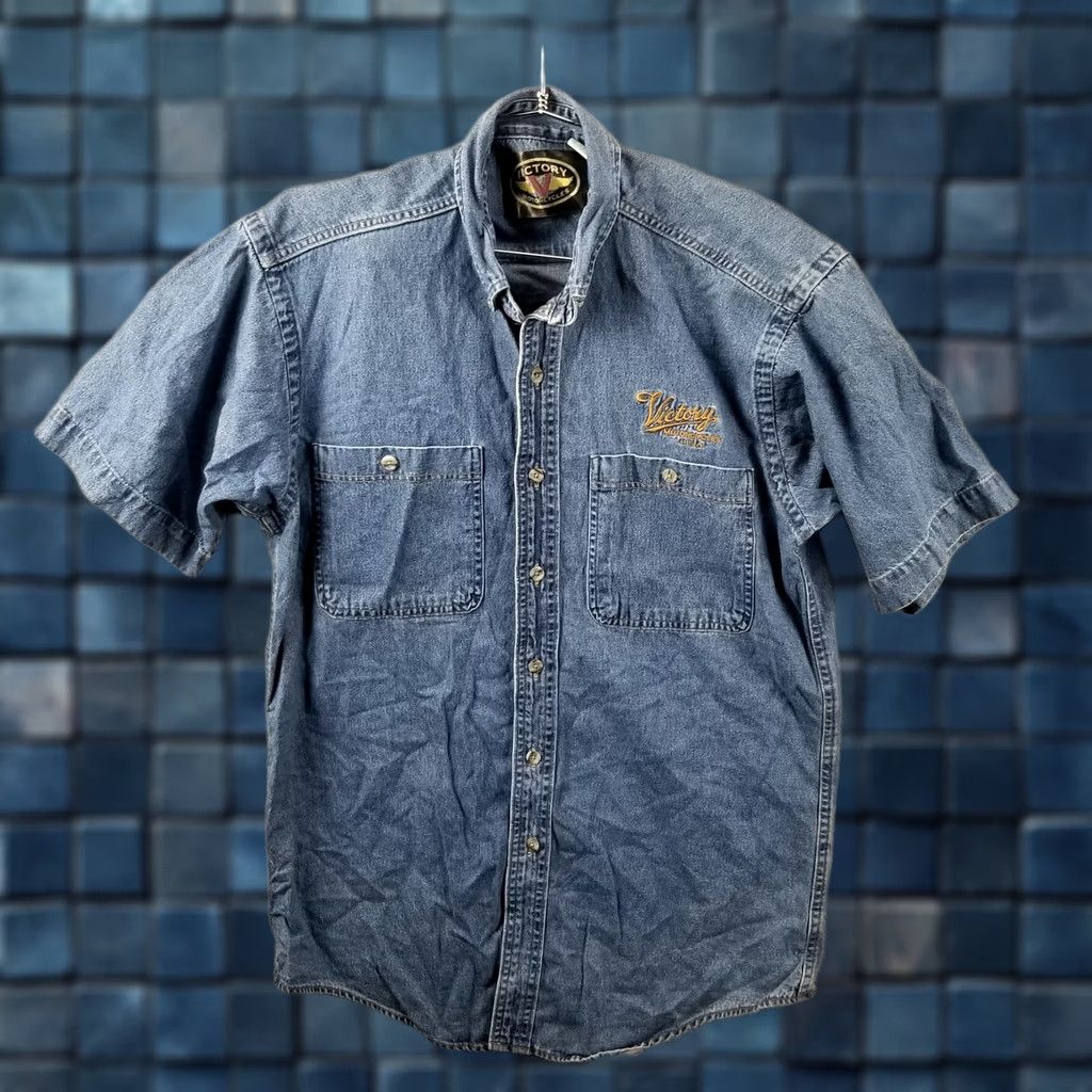 Denime Victory Motorcycles Shirt Men Small Denim Short Sleeve Vintage Button Up Size US S / EU 44-46 / 1 - 1 Thumbnail