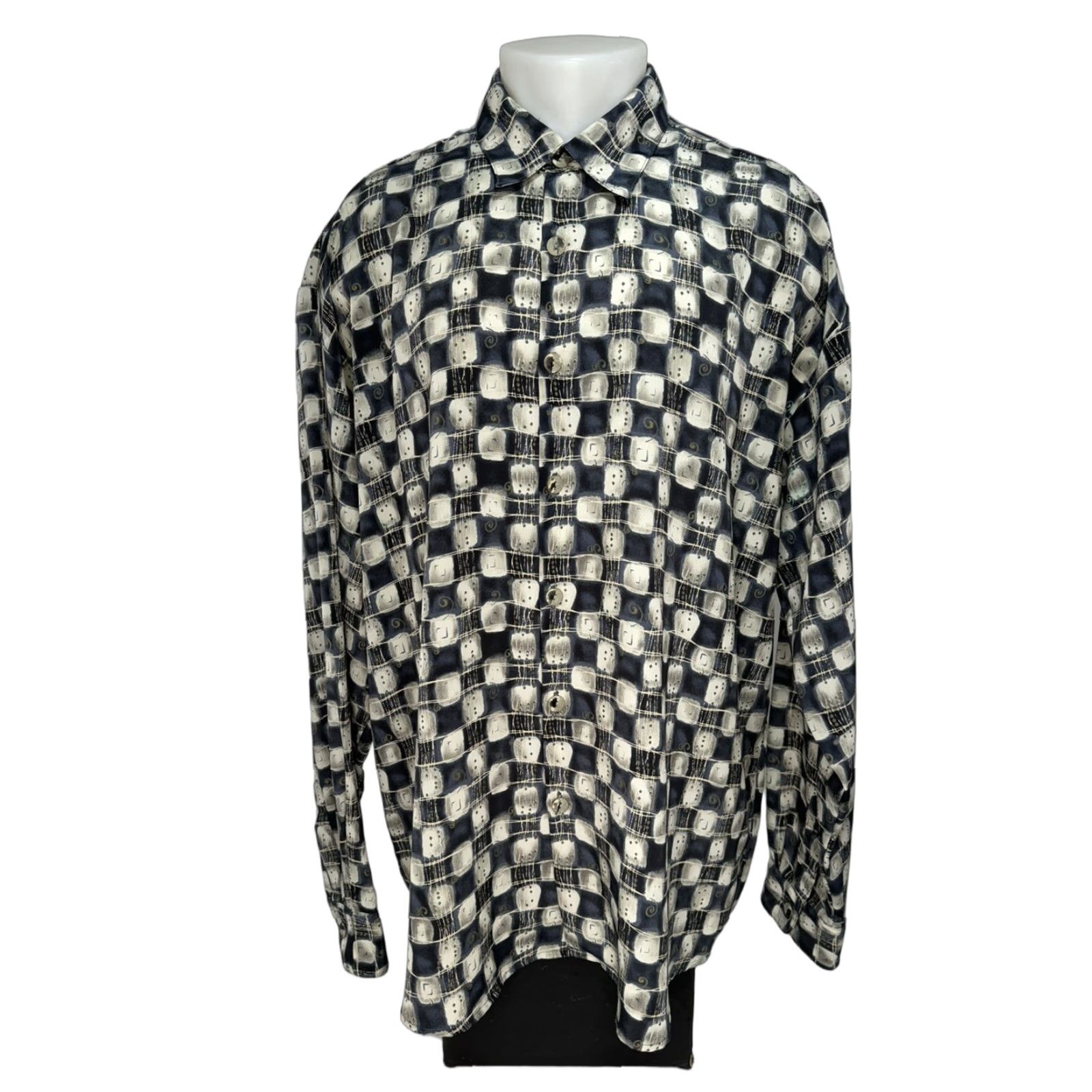 Vintage Gorgeous BERNINI Beverly Hills Geometric Mens 2XL Button-Up Shirt Long Sleeve Blue / Silver / Gray Size US XXL / EU 58 / 5 - 1 Thumbnail