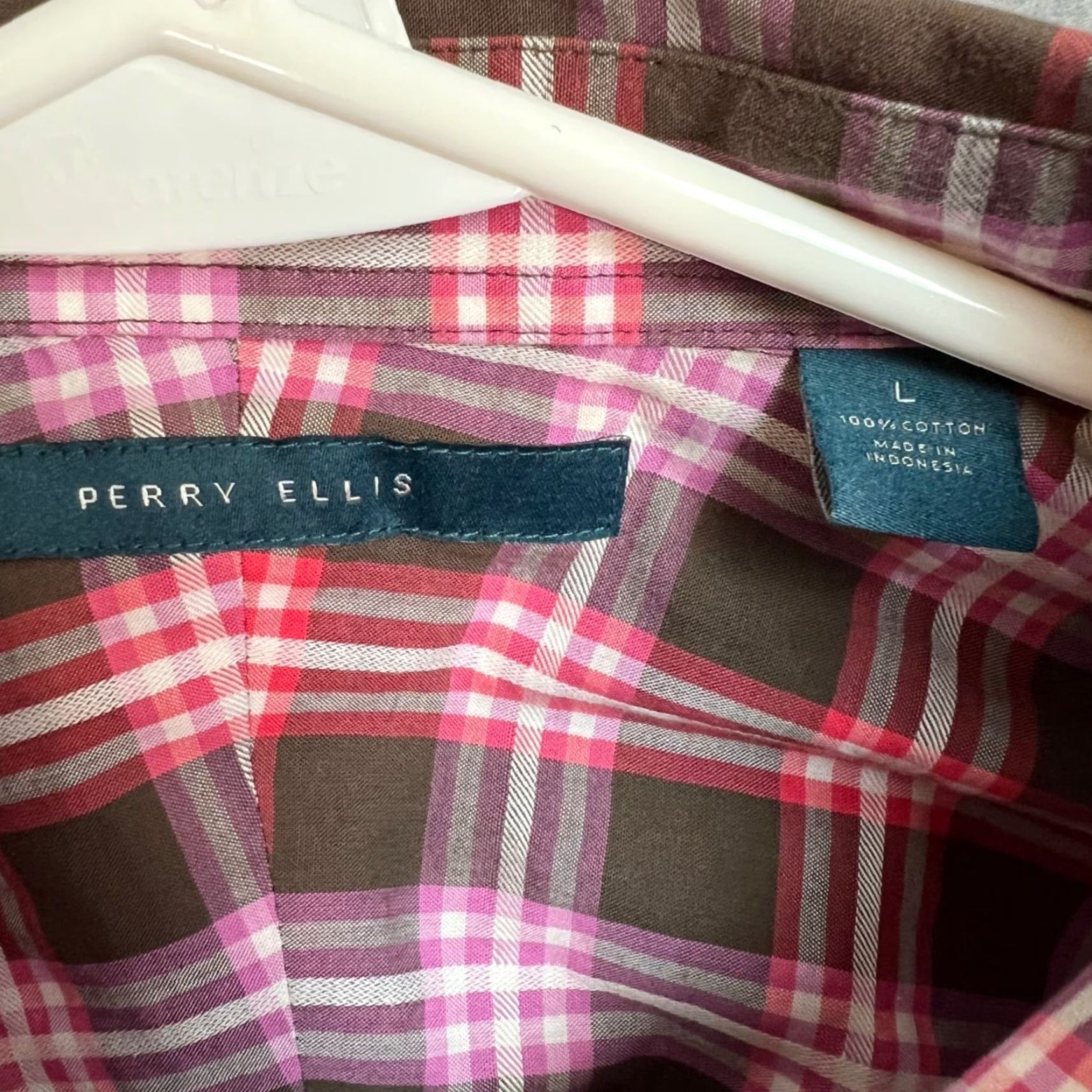 Perry Ellis Perry Ellis Mens Button-Up Shirt Long Sleeve Plaid Cotton Multicolor Large Brown Pink Red Modern Casual Business Shirt Mens L Size US L / EU 52-54 / 3 - 3 Thumbnail