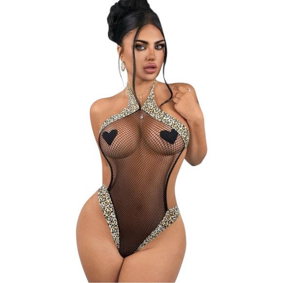 Other Women Black Halter High Stretch Leopard Neck Bodysuit Size ONE SIZE - 1 Thumbnail