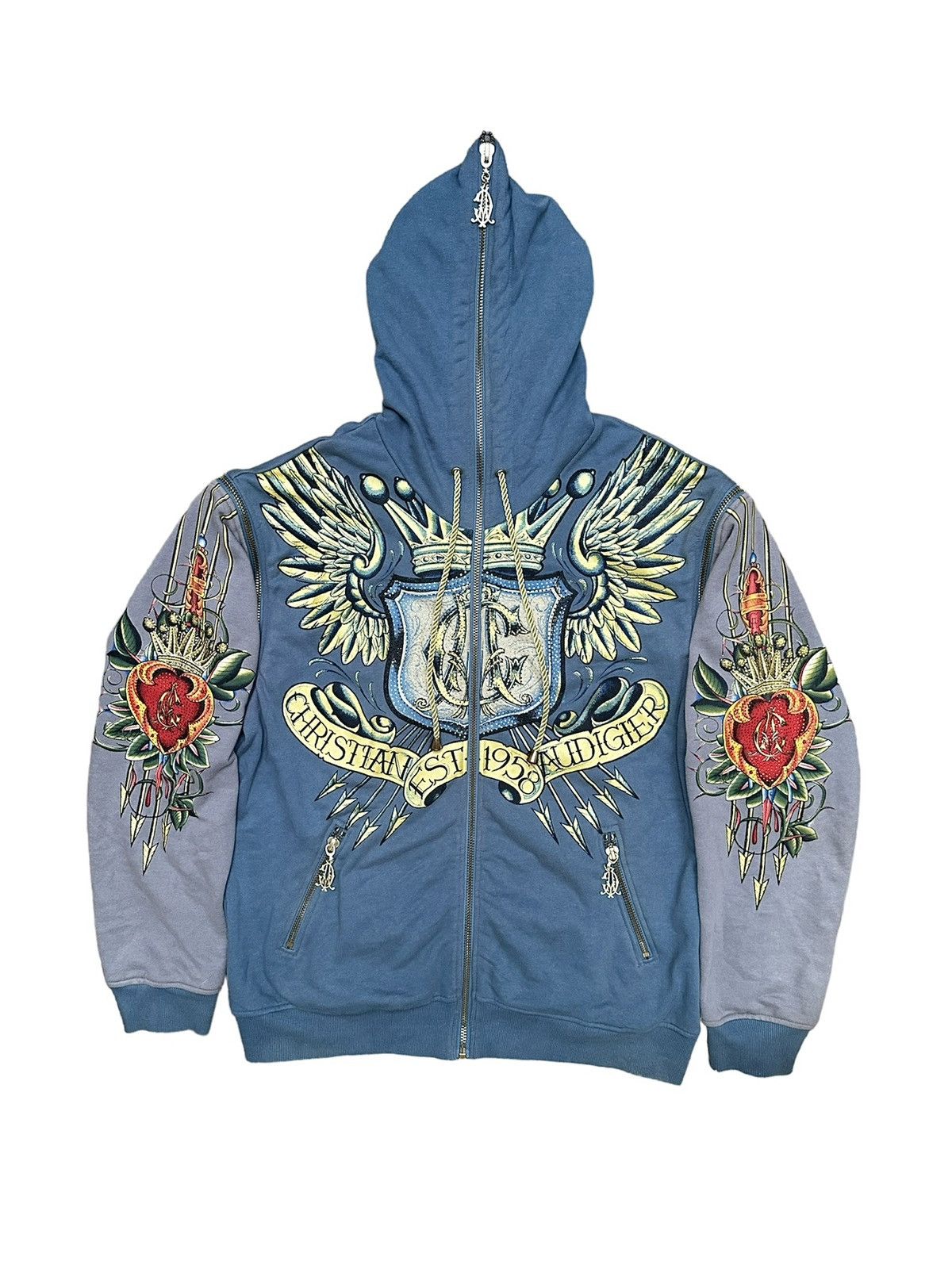 image of Vintage Crazy Y2K Christian Audigier Zip Up Hoodie Drip in Baby Blue, Men's (Size 2XL)