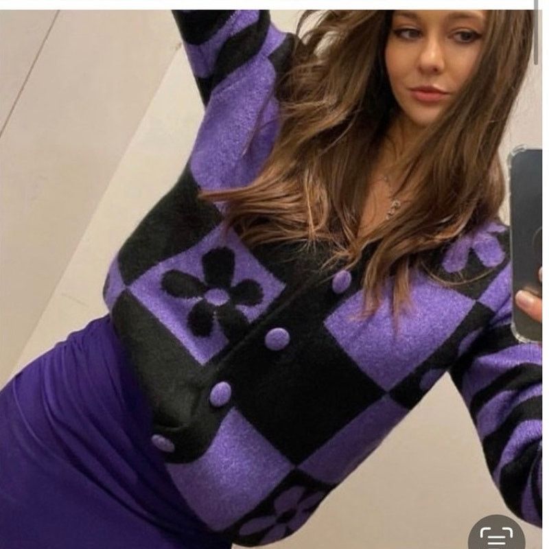 Zara Zara Purple Black Jacquard Oversized Cardigan Sweater Size S / US 4 / IT 40 - 3 Thumbnail