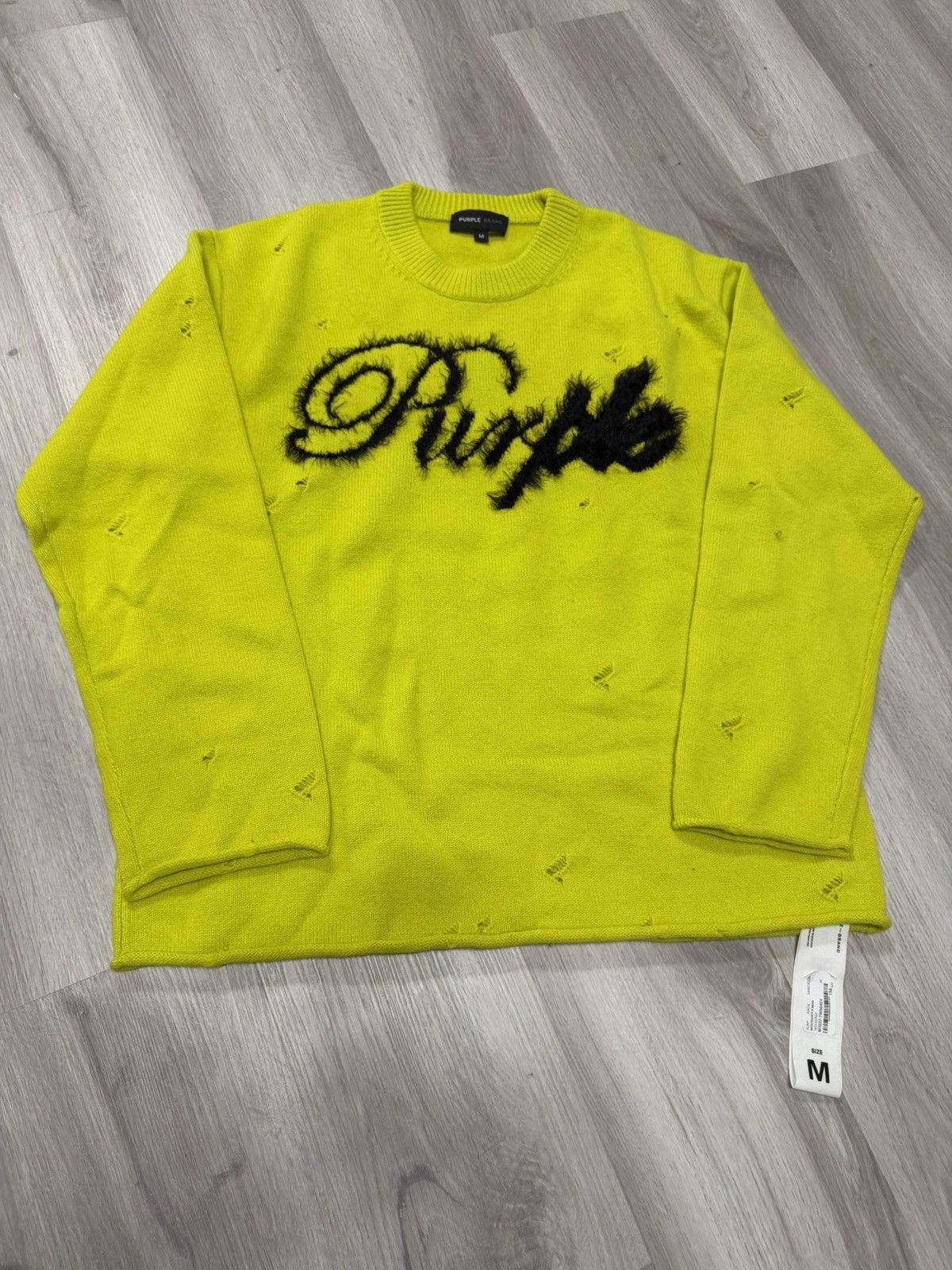 Purple Brand Script Logo Distressed Sweater Sulphur