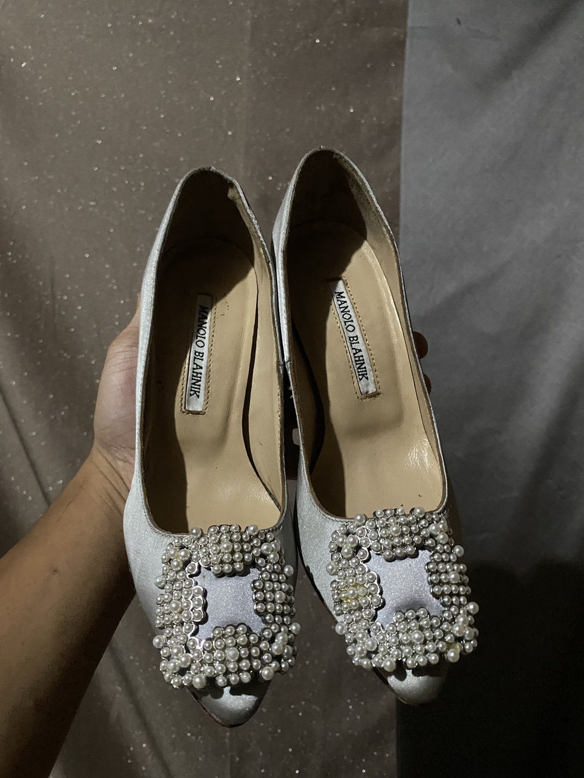 Manolo Blahnik MANOLO BLAHNIK Hangisi silver 70 white satin pearl buckle Size US 4 / IT 34 - 1 Thumbnail
