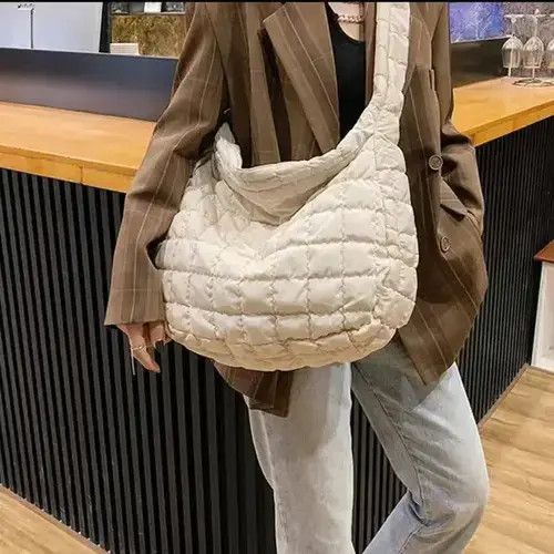 Vintage Quilted Puffer Cream Shoulder Tote Bag in White, Men's