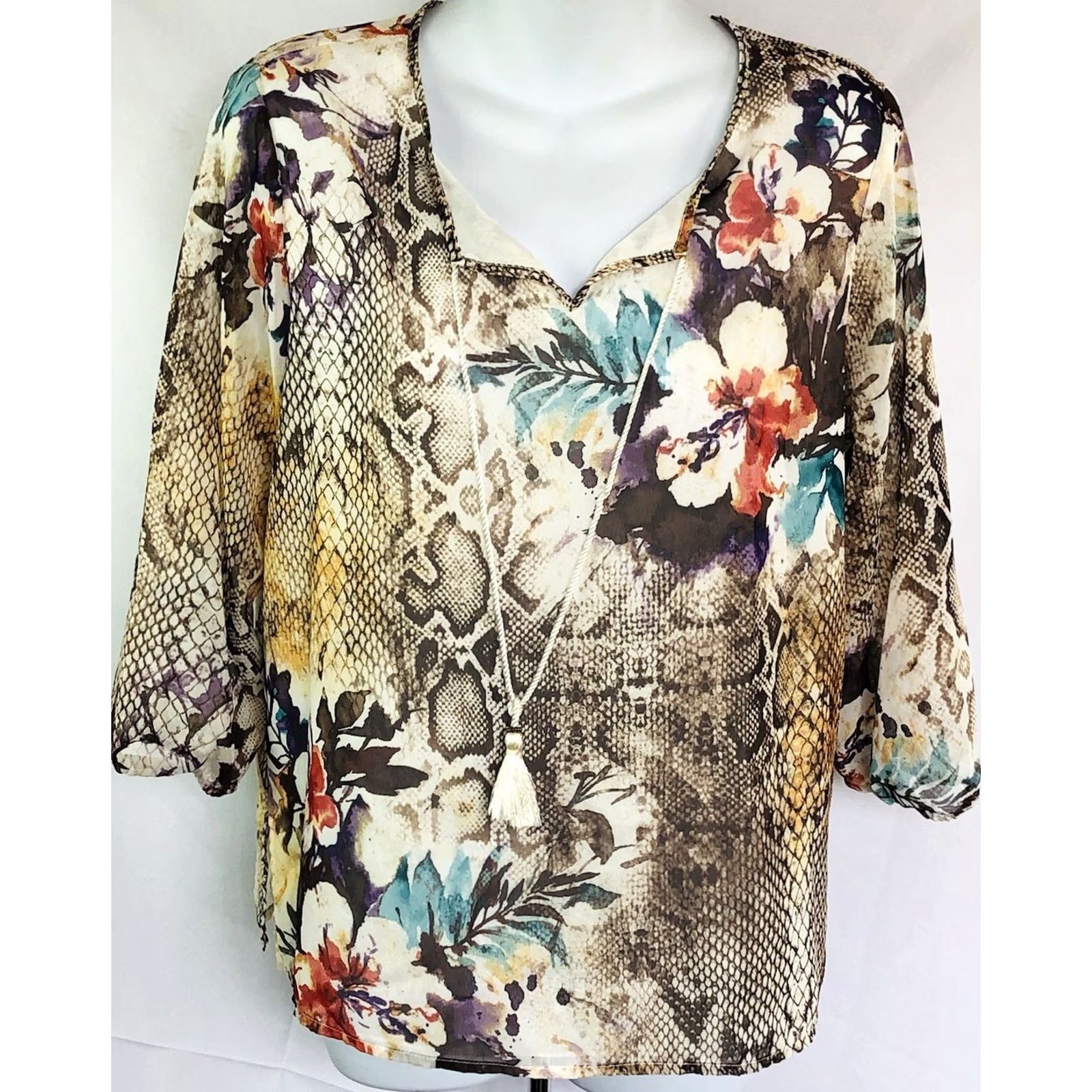 Vintage Alfred Dunner Top Blouse 8P Multi Floral/Snake Print 3/4 Sleeve Casual Polyester Chiffon Size M / US 6-8 / IT 42-44 - 6 Thumbnail