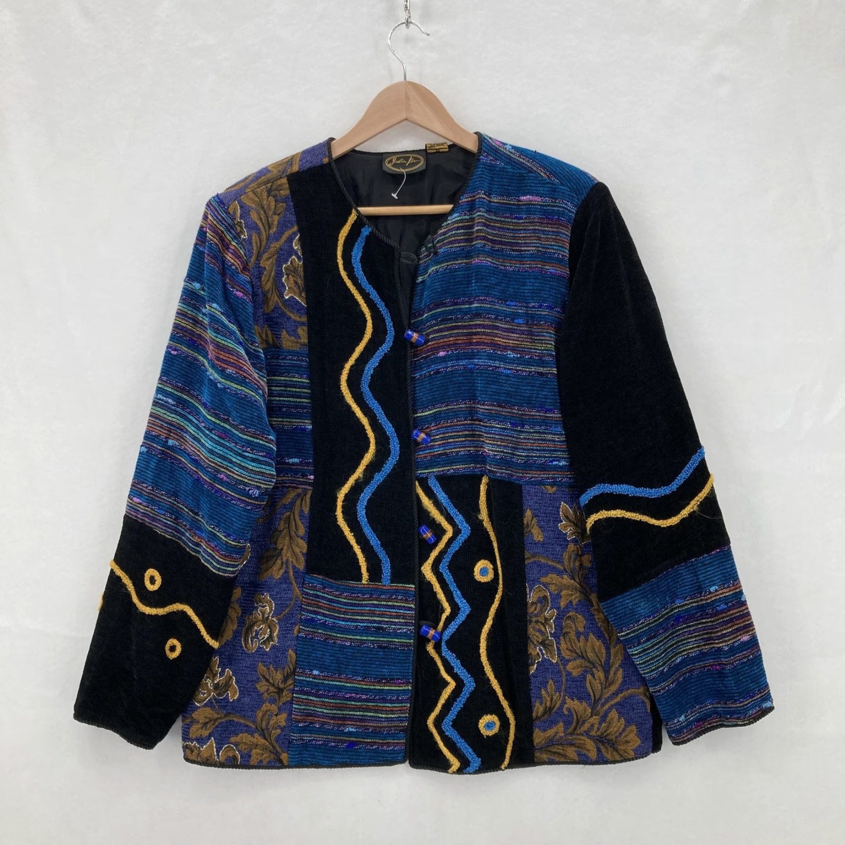 Vintage VINTAGE Julia K Jacket Womens M Black Blue Patchwork Artsy Beaded Toggle Boho VTG Ladies 80s/90s Inspired Size M / US 6-8 / IT 42-44 - 2 Thumbnail
