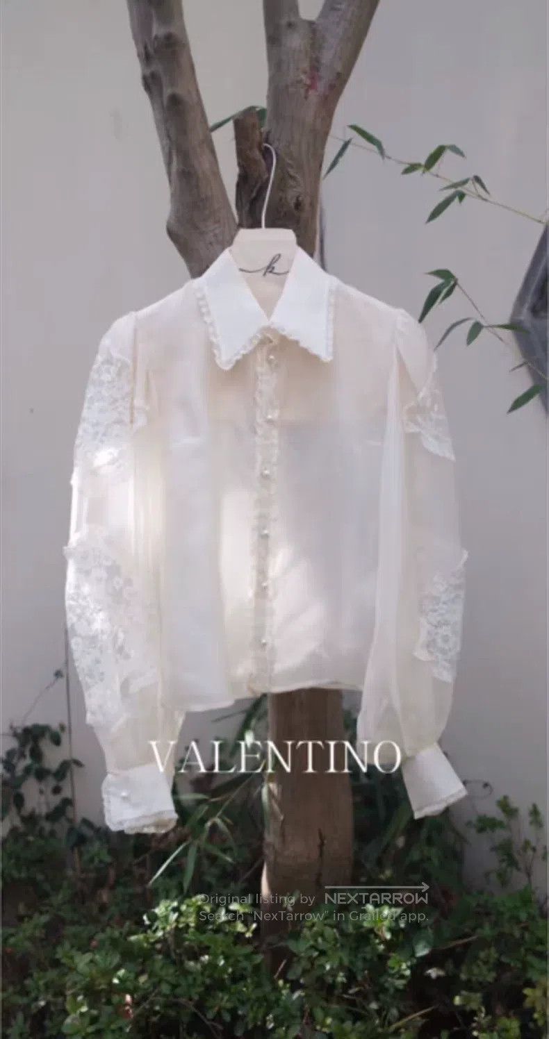 Valentino Valentino Silk pearl diamond-encrusted lace puff sleeve sh Size S / US 4 / IT 40 - 1 Thumbnail