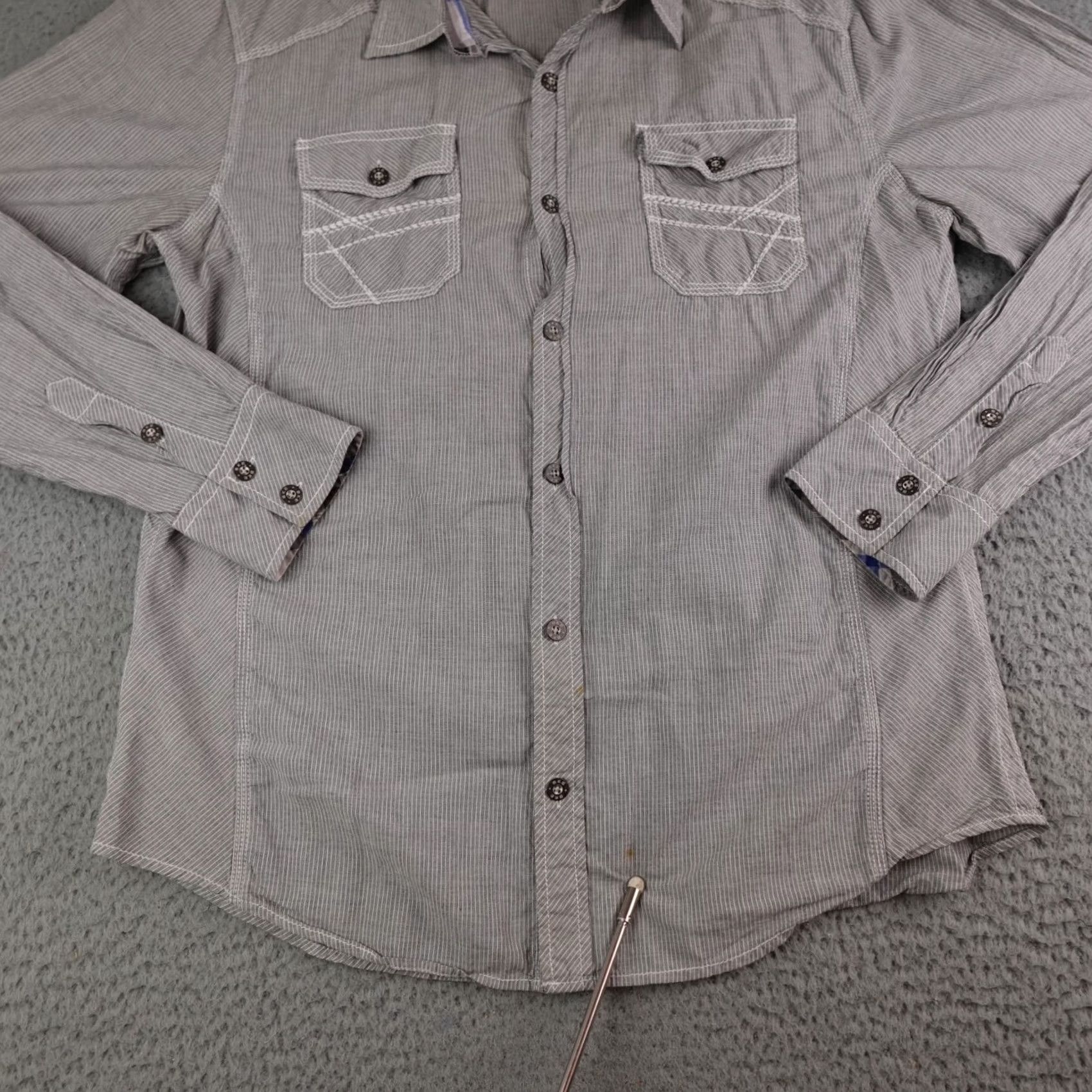BKE Mens BKE Shirt Gray White Striped Athletic Fit Long Sleeve Button XL Size US XL / EU 56 / 4 - 7 Thumbnail