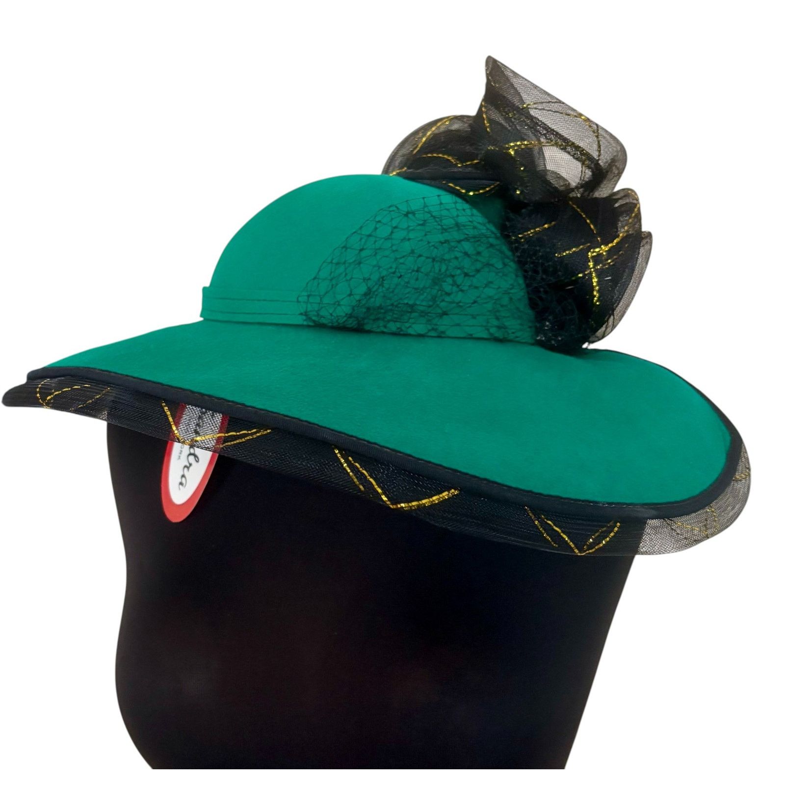 Vintage Sandra of New York Hunter Green Wool Black Tulle Vintage Hat Size ONE SIZE - 2 Thumbnail