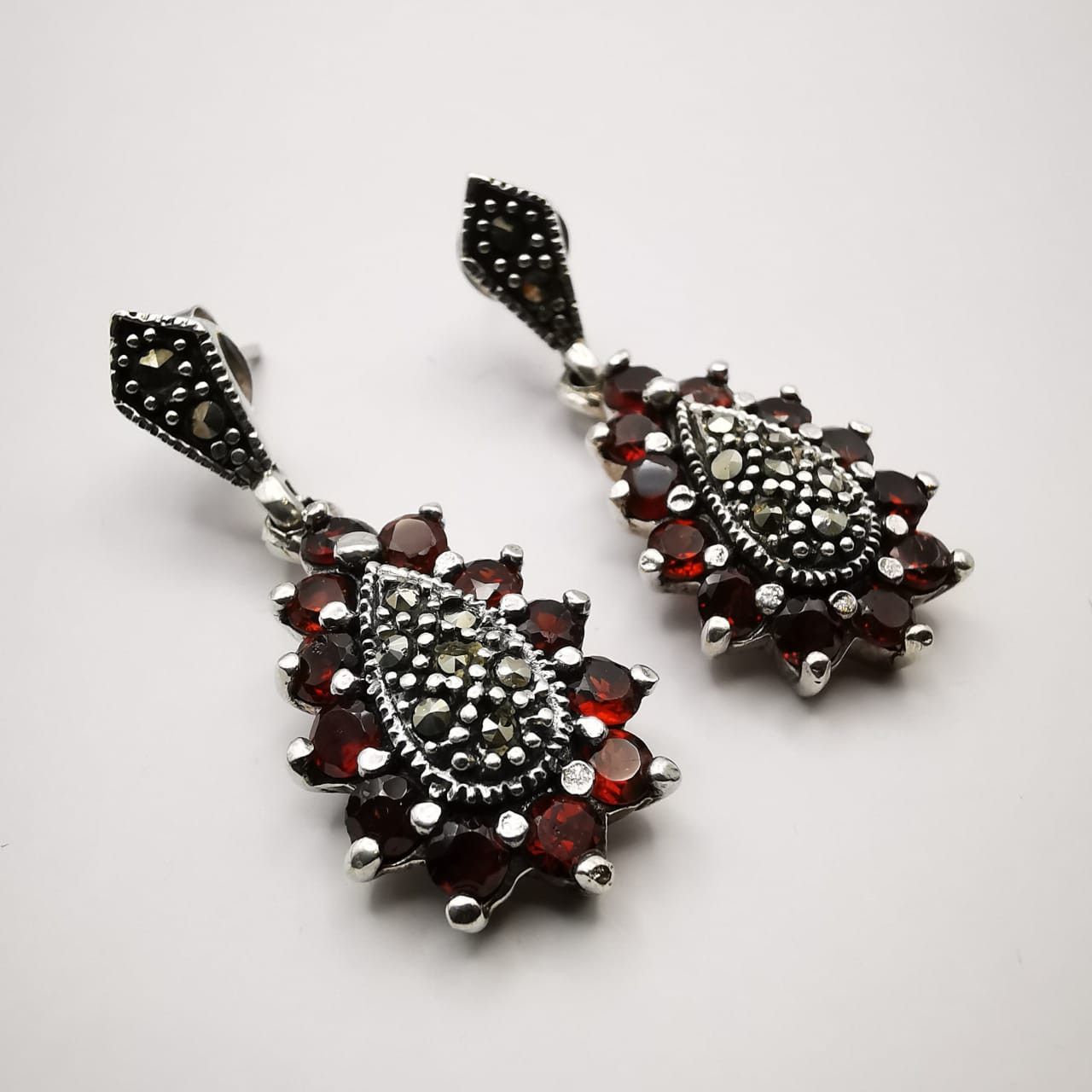 Vintage Vintage Earrings 925 Sterling Silver, Garnet, Marcasite Size ONE SIZE - 2 Thumbnail