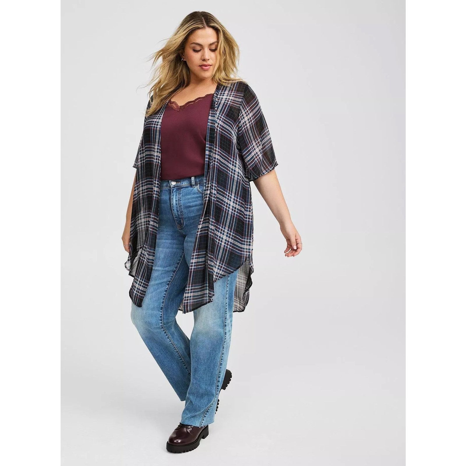 Other Torrid Memory Plaid Shirttail Kimono Lightweight Sheer Blue Size XL / US 12-14 / IT 48-50 - 3 Thumbnail