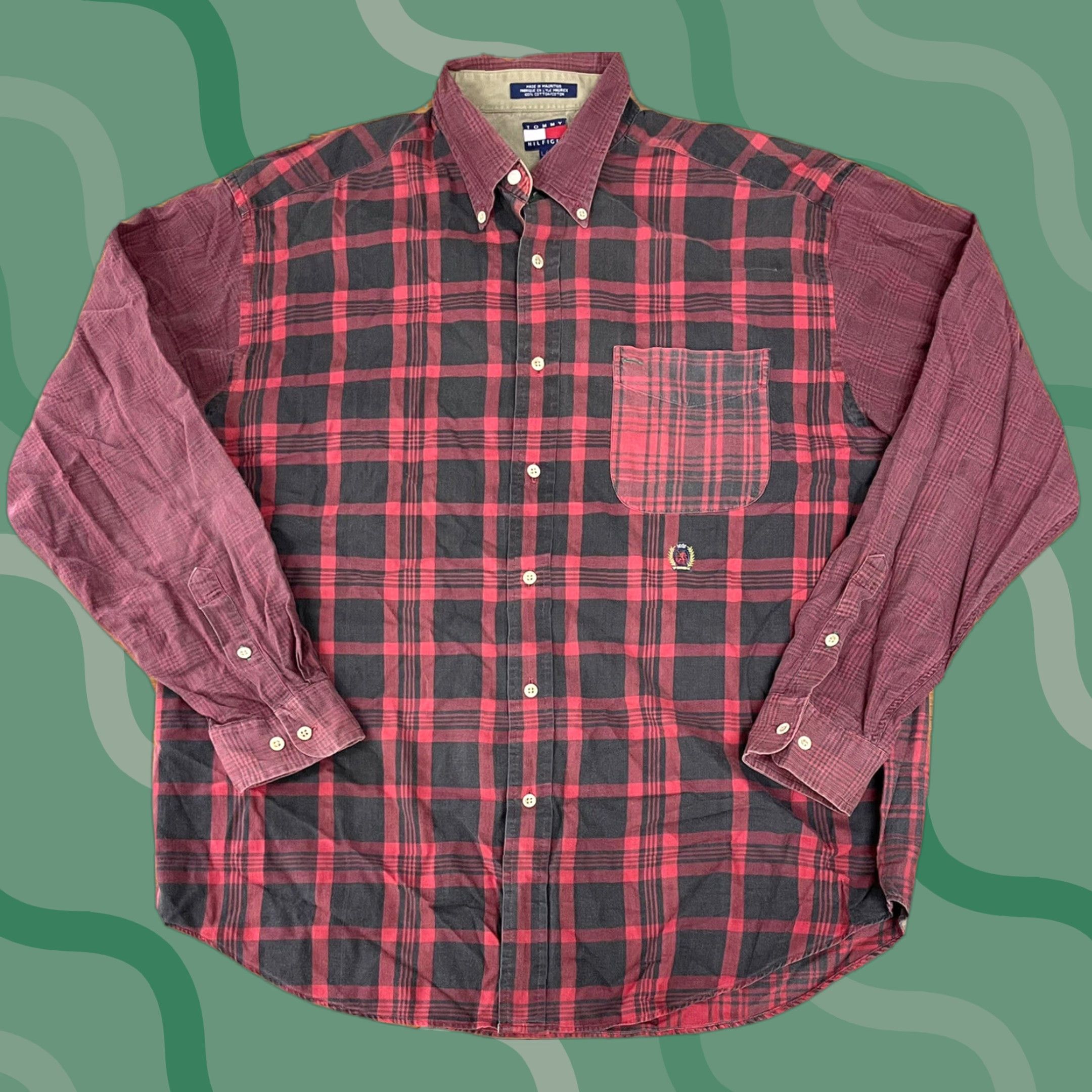 Tommy Hilfiger VINTAGE Tommy Hilfiger Shirt Red Plaid Long Sleeve Button-Down Sz L Adult Large Red, Cotton, 90s, Preppy, Lion Crest, Logo, Pocketed Mens Shirt Size 42R - 1 Thumbnail