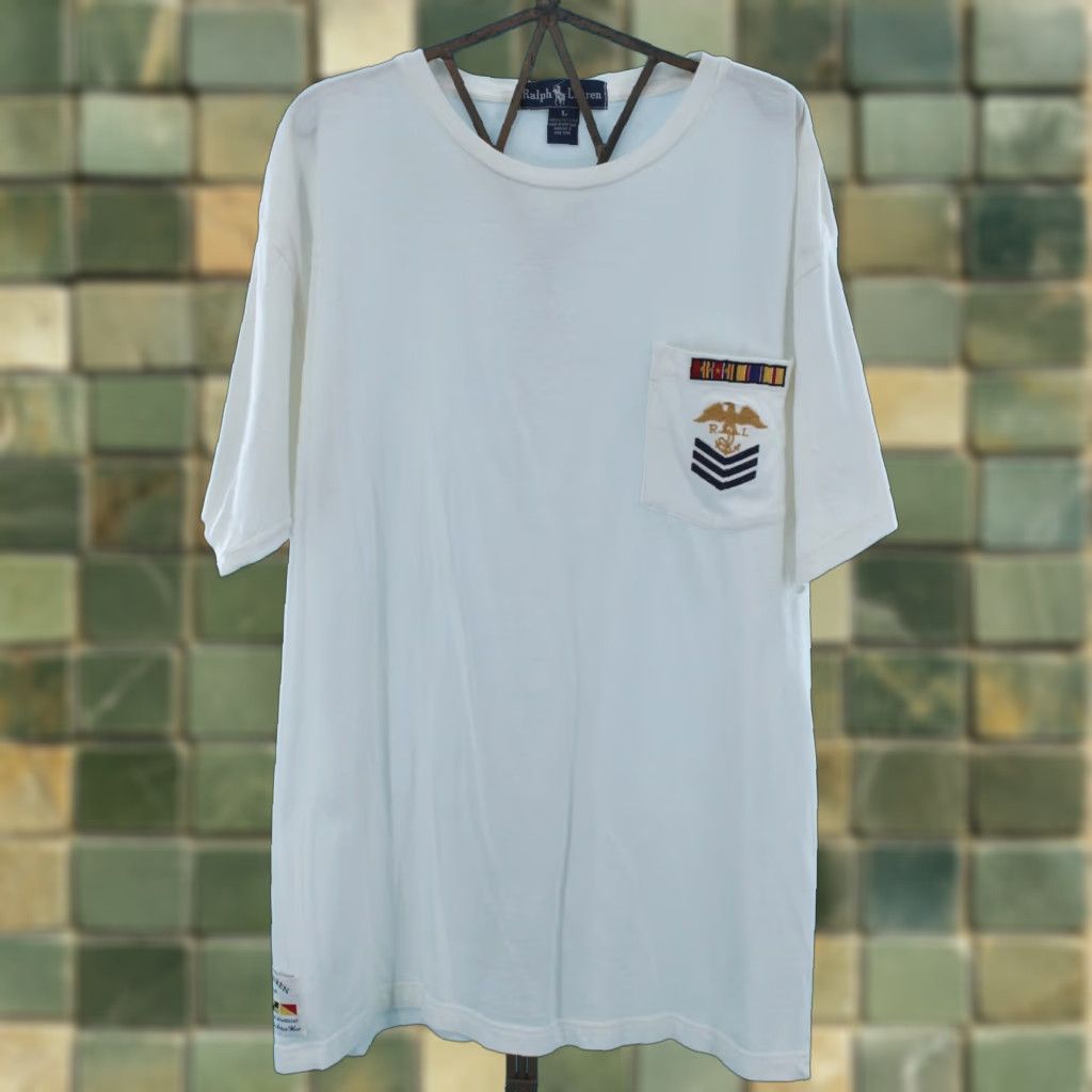 Ralph Lauren VINTAGE Ralph Lauren Shirt Mens 1990s Navy Reserve T Shirt L White 90s Polo Tshirt Athletic Mens Size US L / EU 52-54 / 3 - 1 Thumbnail