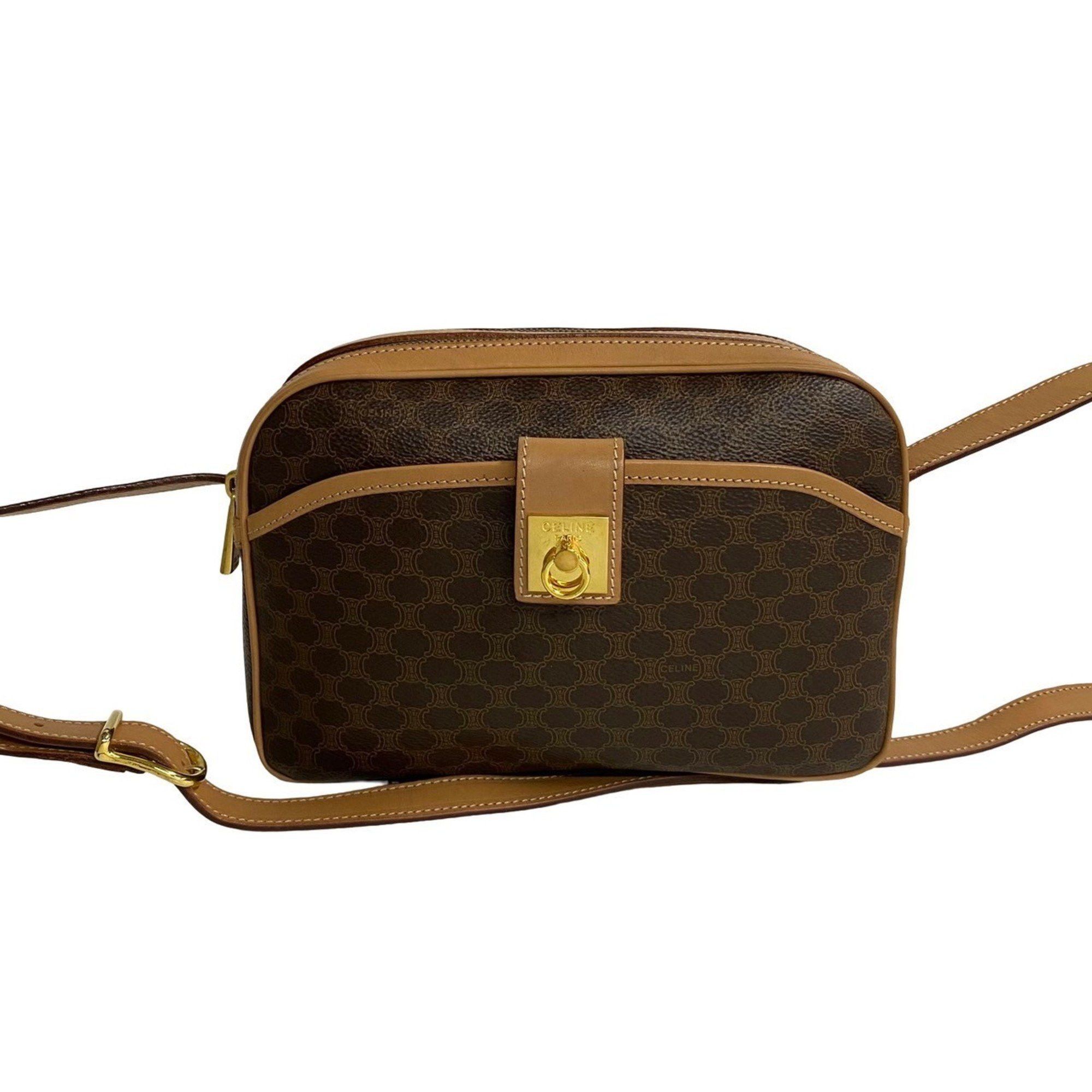 image of Celine Macadam Blason Ring Hardware Leather Shoulder Bag Pochette Sacoche Brown 06961, Women's