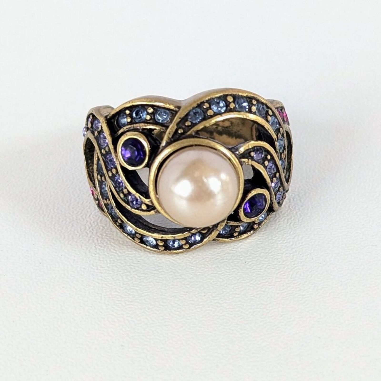 Vintage Vintage Heidi Daus Faux Pearl Amethyst Crystal Cocktail Ring Size ONE SIZE - 2 Thumbnail