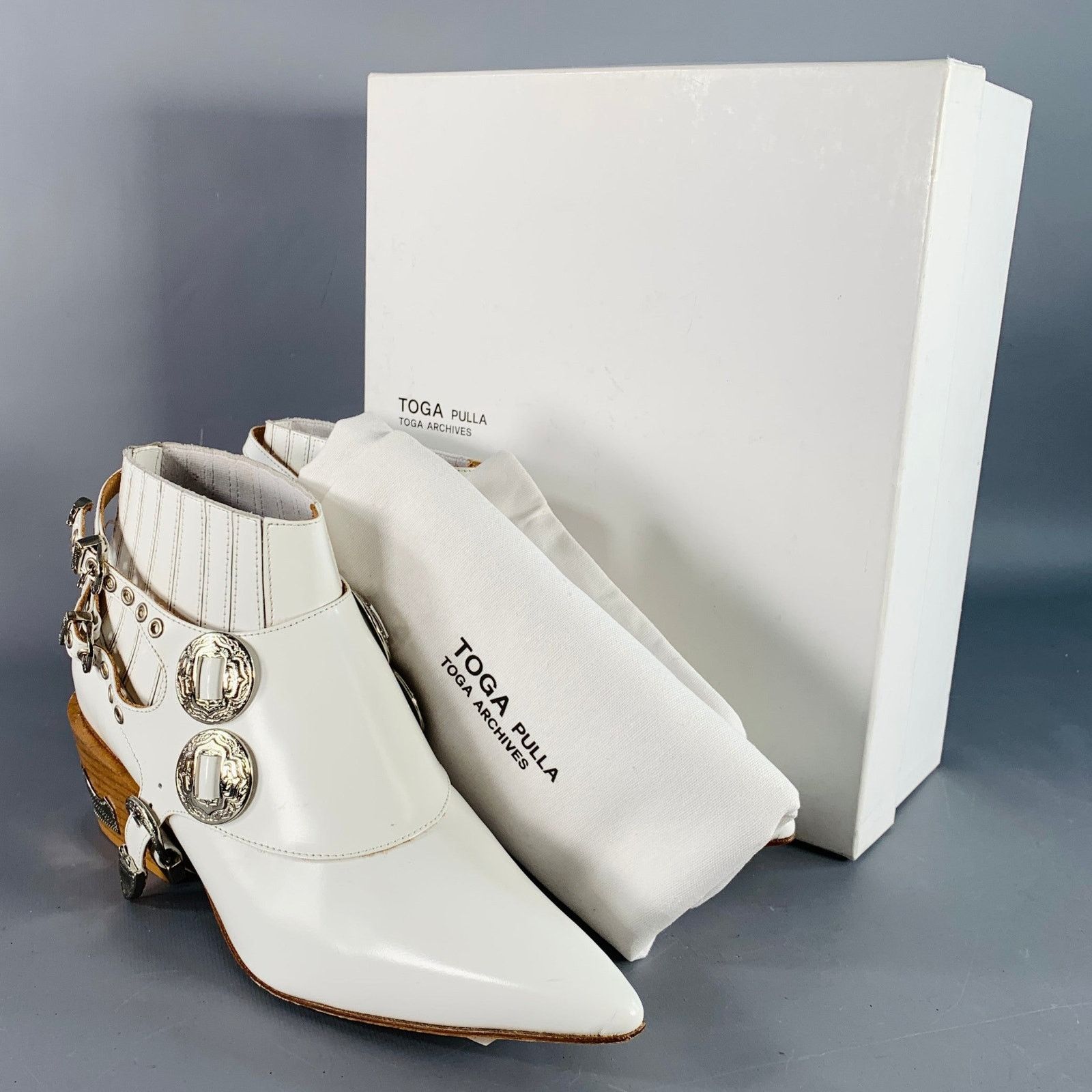 Toga Pulla White Silver Leather Pull On Western Harness Boots Size US 8.5 / IT 38.5 - 9 Thumbnail