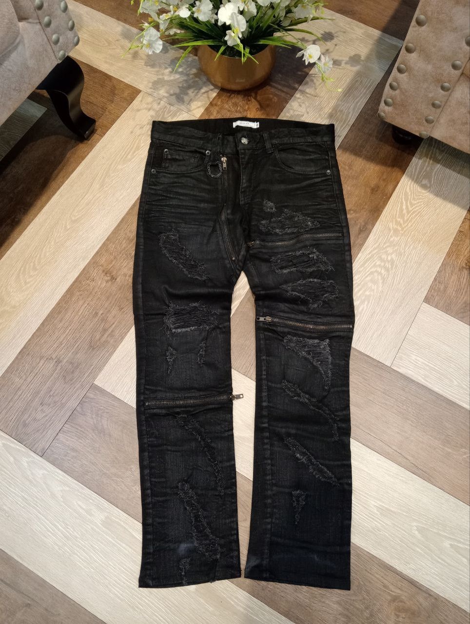 JAPANESE MIDAS GIMMICK ZIPPER DISTRESSED WAXED STRETCH JEANS