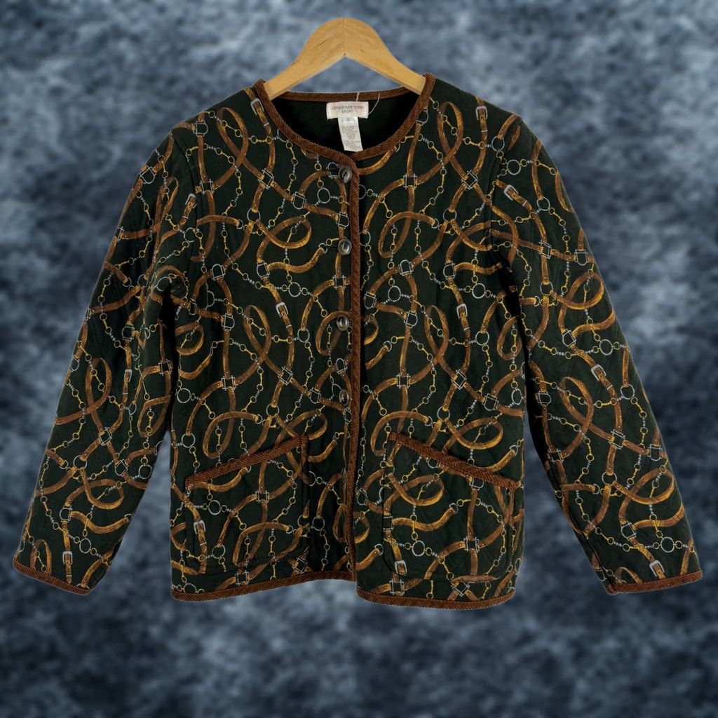 Jones New York VINTAGE Jones New York Sport Quilted Jacket S Equestrian Belt Print Green Brown Size S / US 4 / IT 40 - 1 Thumbnail