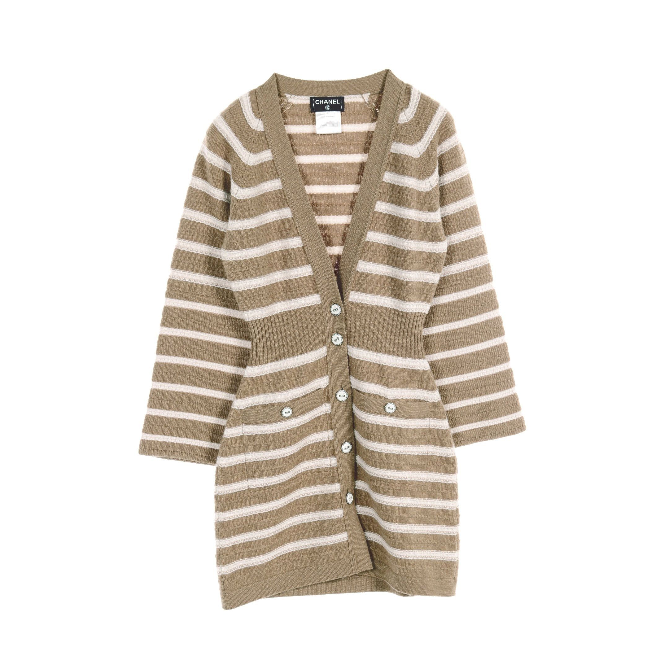 Chanel Chanel Long Cardigan Stripes Cashmere Gray Brown White Size ONE SIZE - 1 Thumbnail