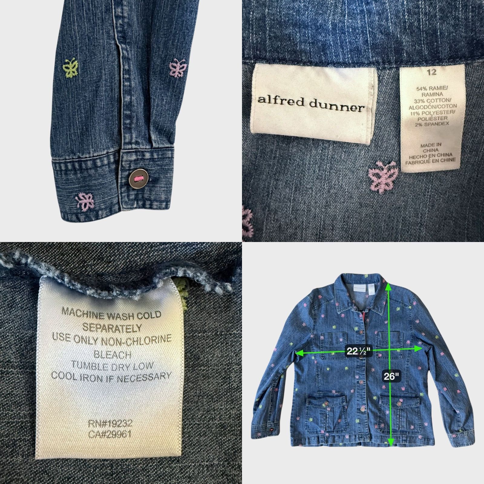 Vintage Alfred Dunner Button-Front Denim Jacket Blue Women's 12 Butterfly Embroidery Jacket Jeans Size XL / US 12-14 / IT 48-50 - 8 Thumbnail