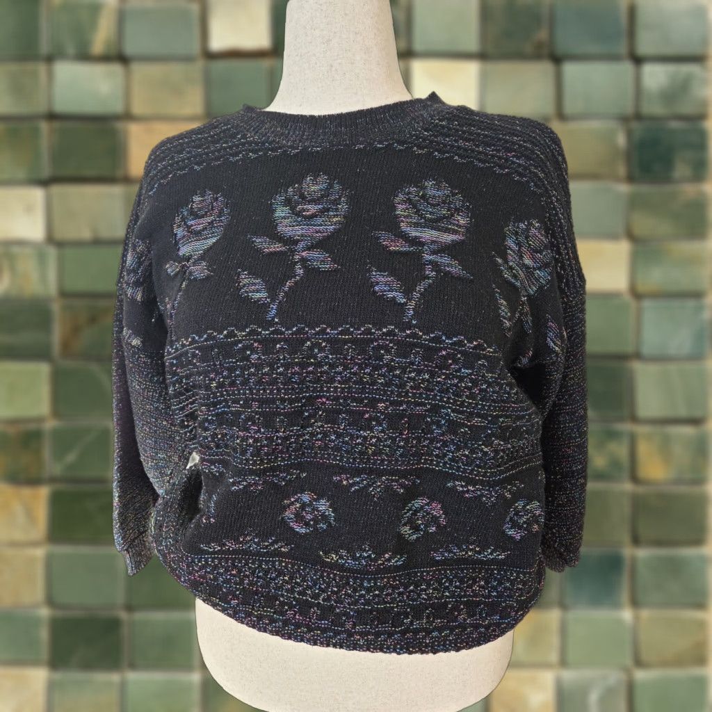 Vintage VINTAGE Women's Floral Sweater 3/4 Sleeve Black Knit Pullover Crew Neck L- Vintage Rose 90s Womens Sweater Size L / US 10 / IT 46 - 1 Thumbnail