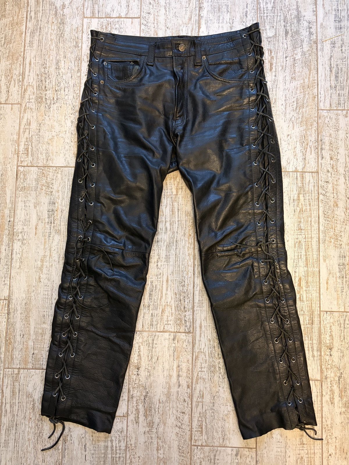 Other Leather Pants Side Lace Up Black Motorcycle Rocker W32 W33 Size US 33 - 1 Thumbnail