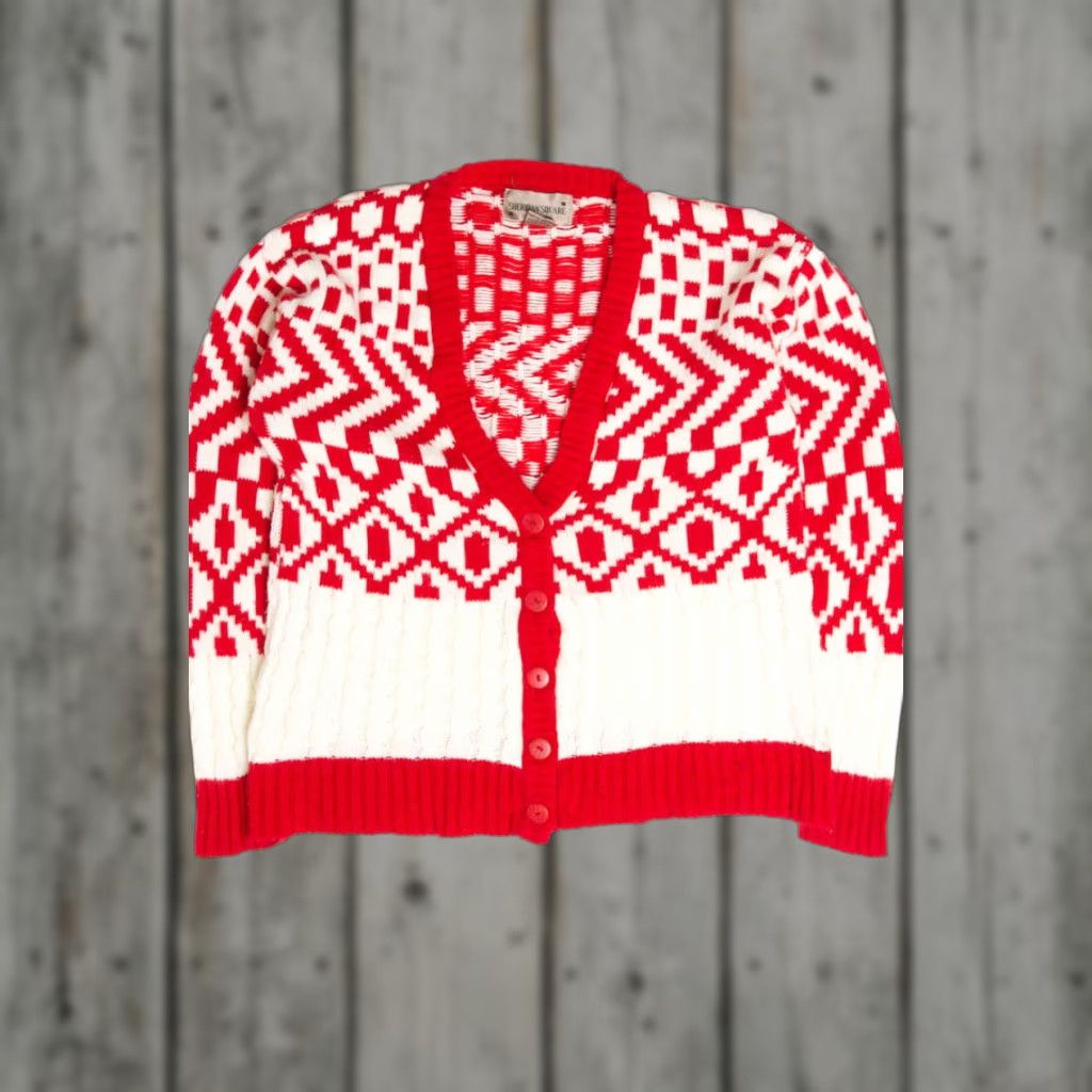 Vintage VINTAGE Sheridan Square Small Red & White Geometric Pattern Cardigan Sweater Size S / US 4 / IT 40 - 1 Thumbnail
