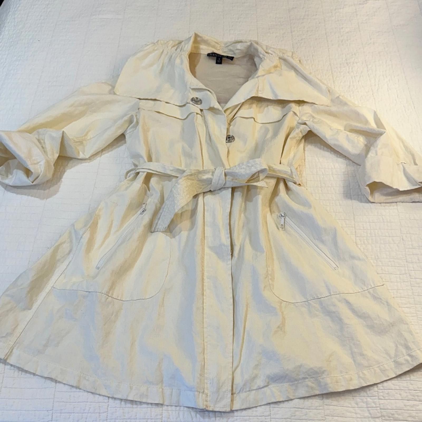 Other Lafayette 148 Small Waxy Linen Trench Coat Women Cream Belt Size S / US 4 / IT 40 - 1 Thumbnail