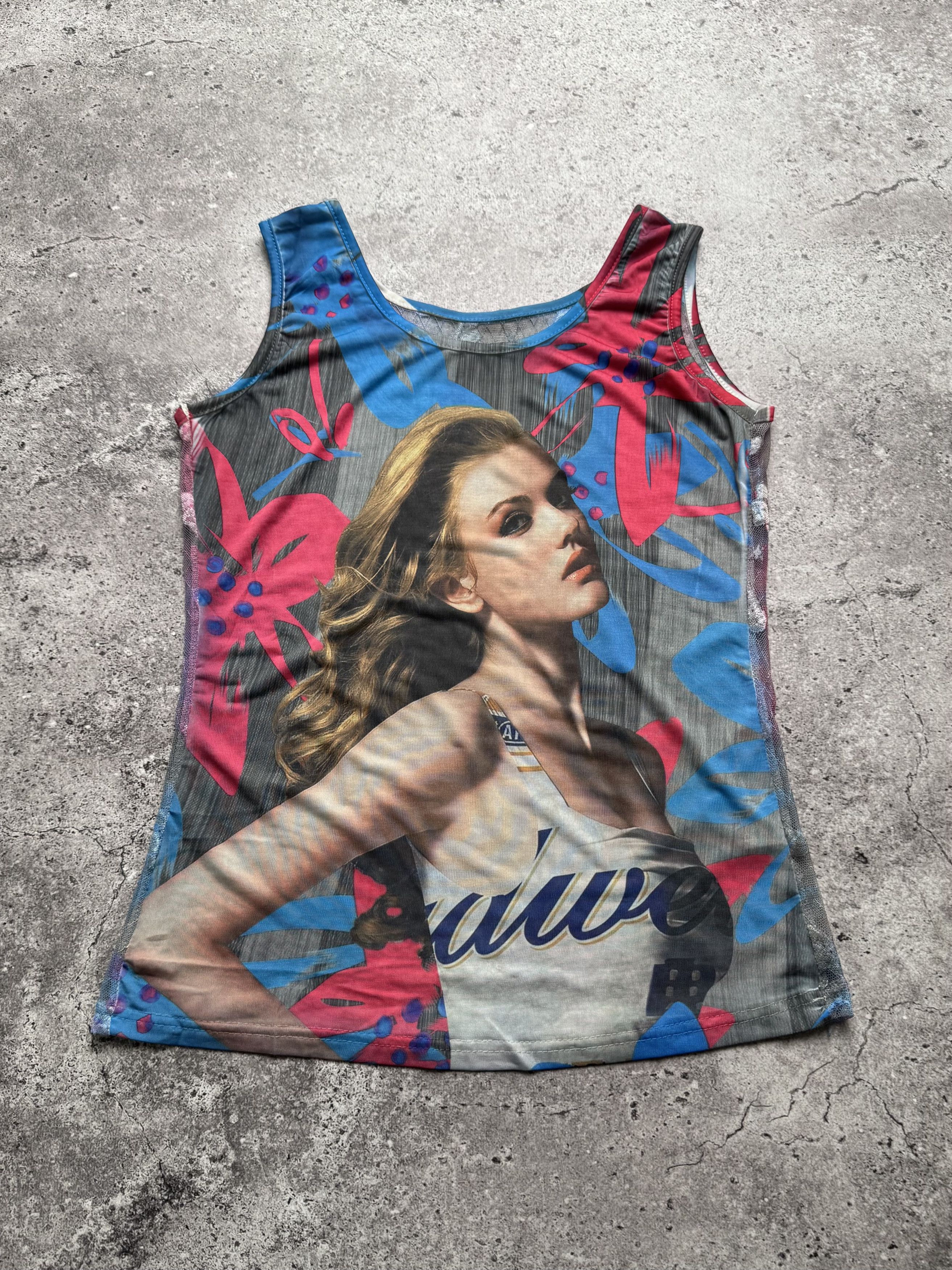 Vintage Y2K Mesh Graphic Tank Top Pin Up Girl Print Clubwear (E8) Size S / US 4 / IT 40 - 1 Thumbnail