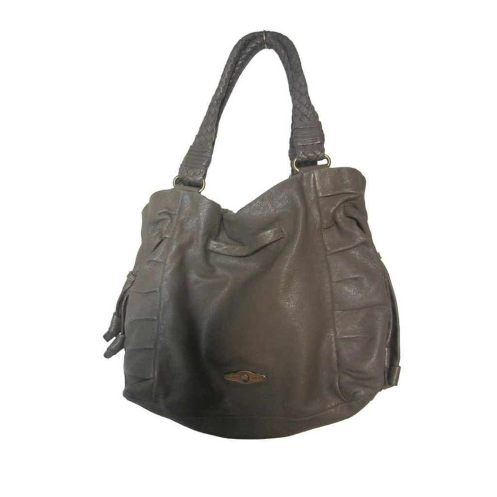 Elliott Lucca Brown Pebbled Leather Drawstring Shoulder Bag in Grey, Women's