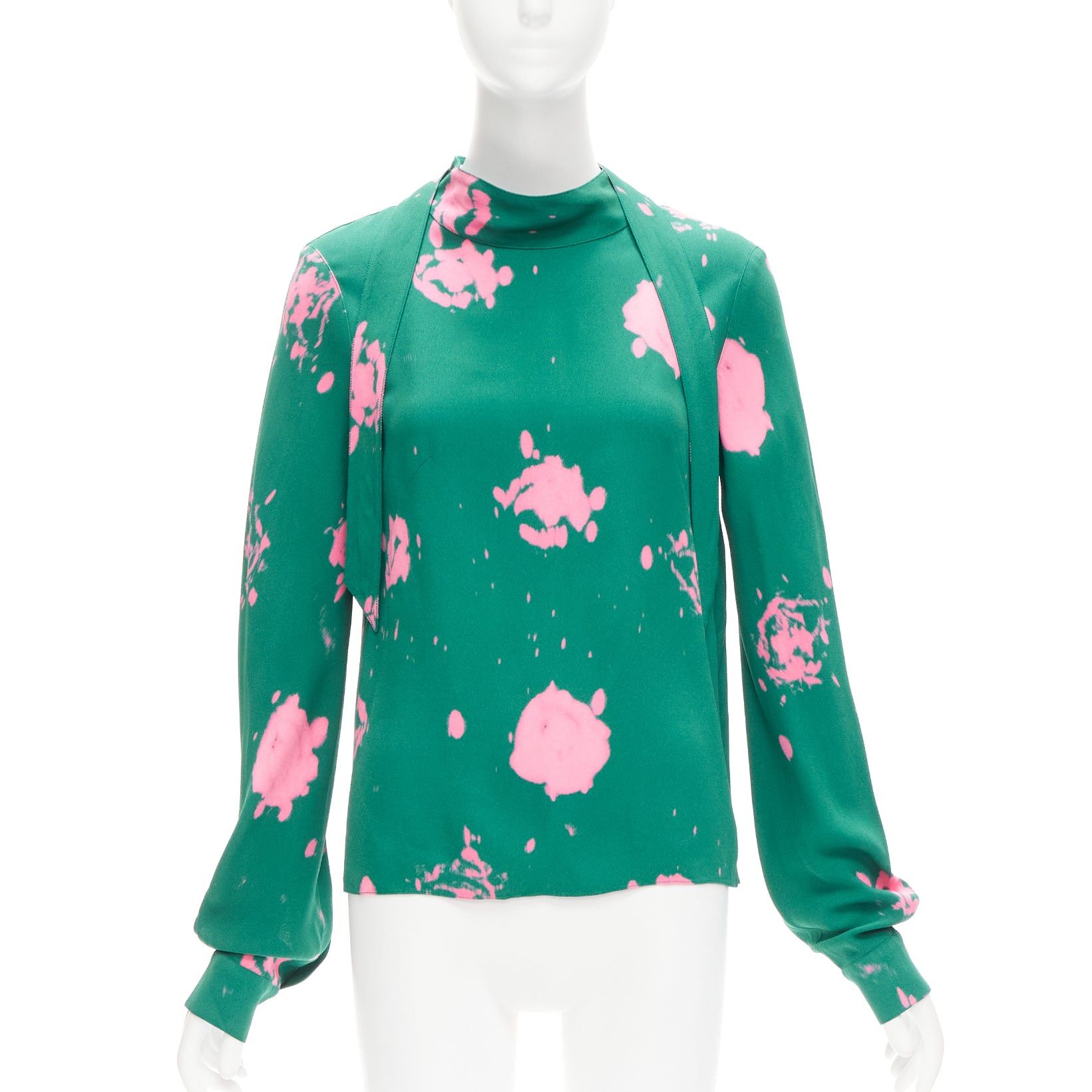 image of Marni Green Pink Splatter Tie Dye Print Tie Neck Long Sleeve Blouse It38 Xs, Women's