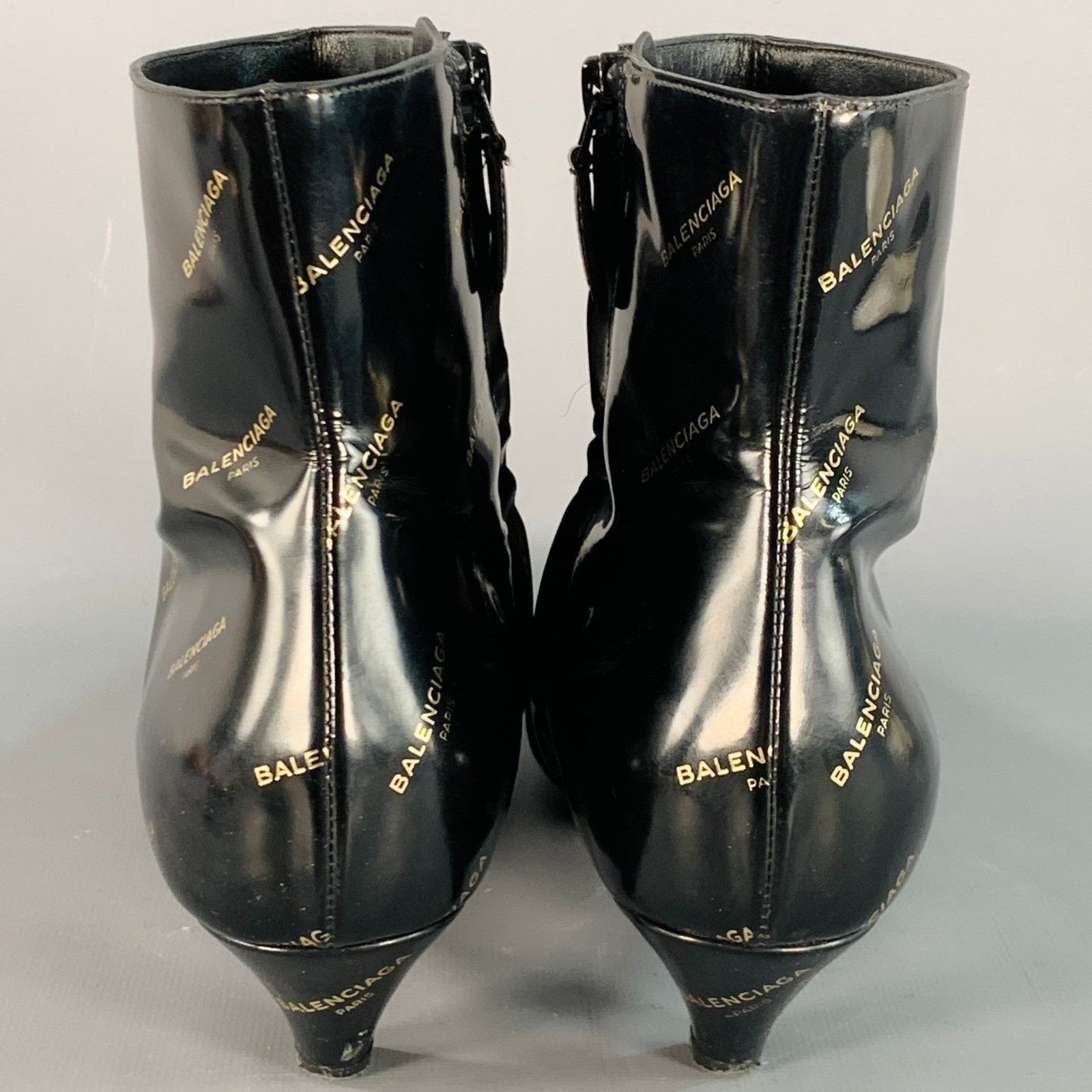 Balenciaga Black Gold Logo Patent Leather Ankle Kitten Heel Boots Size US 8 / IT 38 - 3 Thumbnail