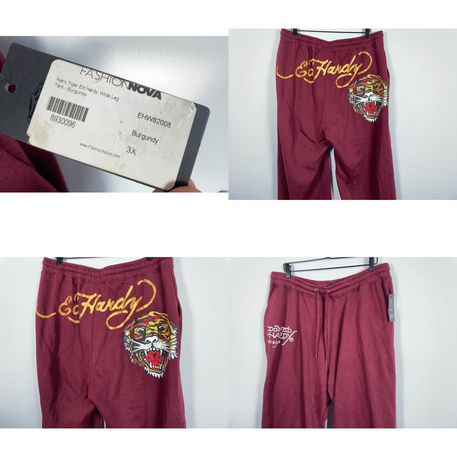 Ed Hardy Ed Hardy Wide Leg Sweatpants Women's 3X Dark Red Tiger Traditional Tattoo Unworn Size 26" / US 2 / IT 38 - 9 Thumbnail