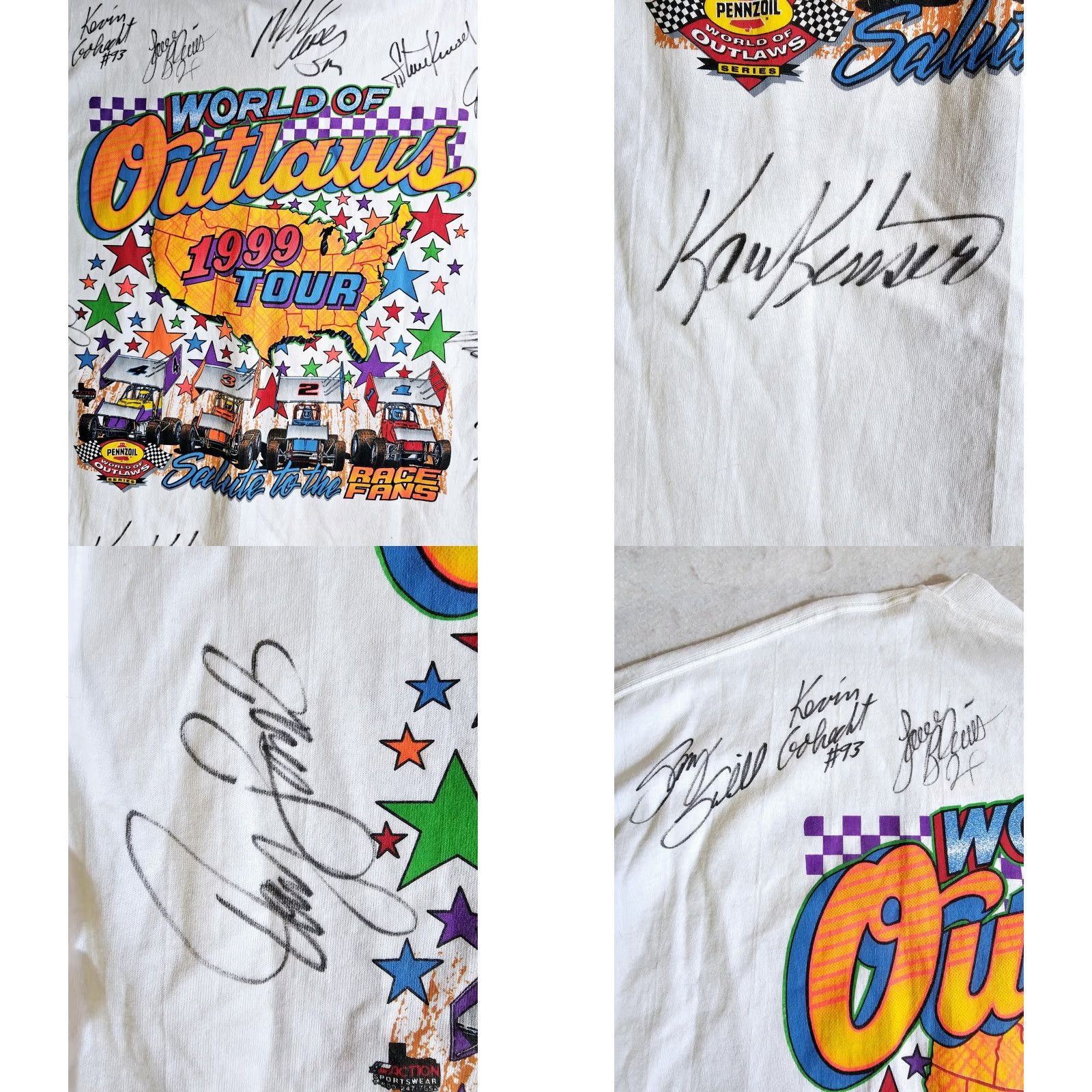 Hanes VINTAGE Pennzoil World Of Outlaws Sprint Cars T-Shirt Mens 2XL White 1999 Signatures 90s Racing Hanes Shirt Size US XXL / EU 58 / 5 - 8 Thumbnail
