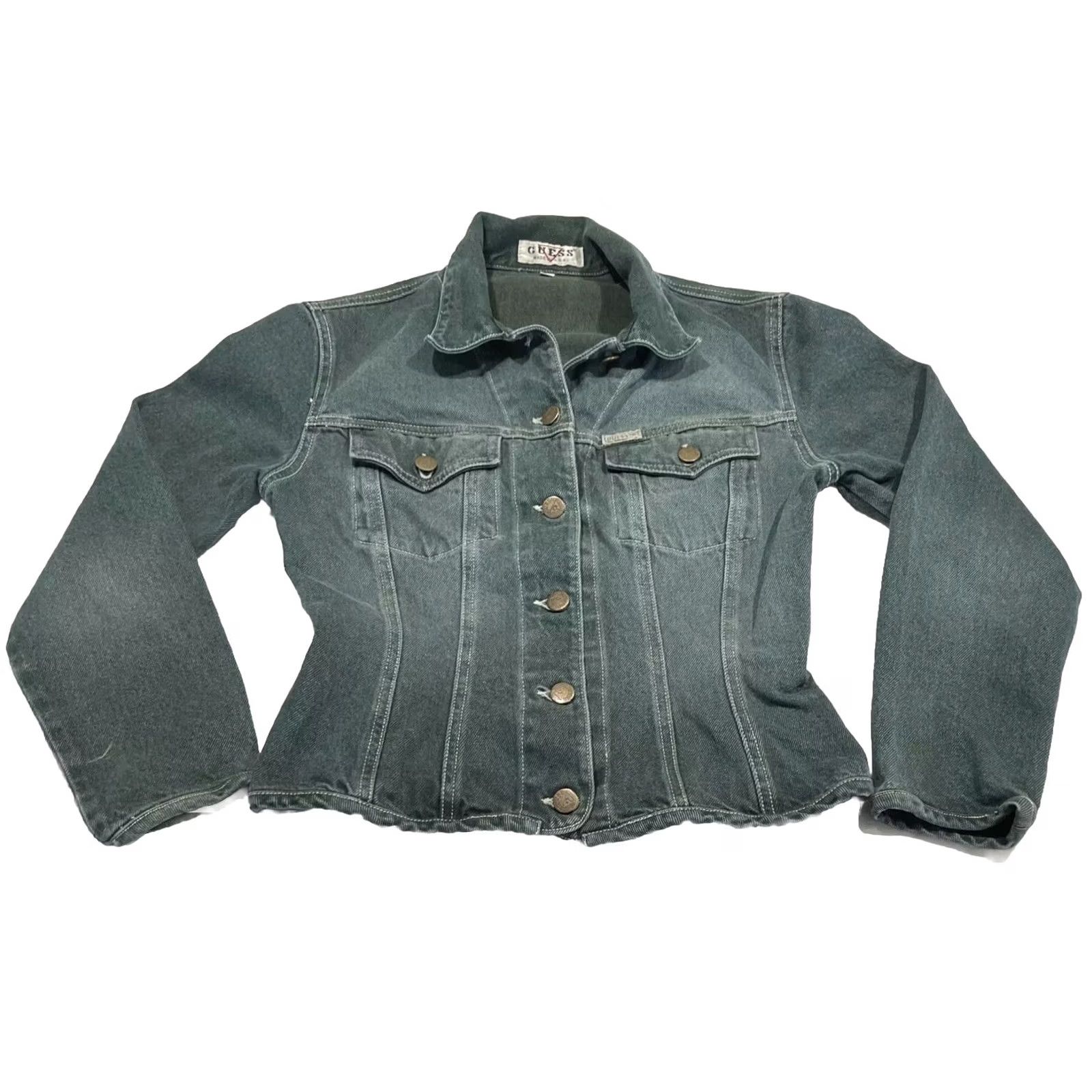 Guess VINTAGE GUESS Denim Jacket Women’s M Short Long Sleeve Green 80s USA Classic Biker Pockets Button Size 32" / US 10 / IT 46 - 2 Thumbnail