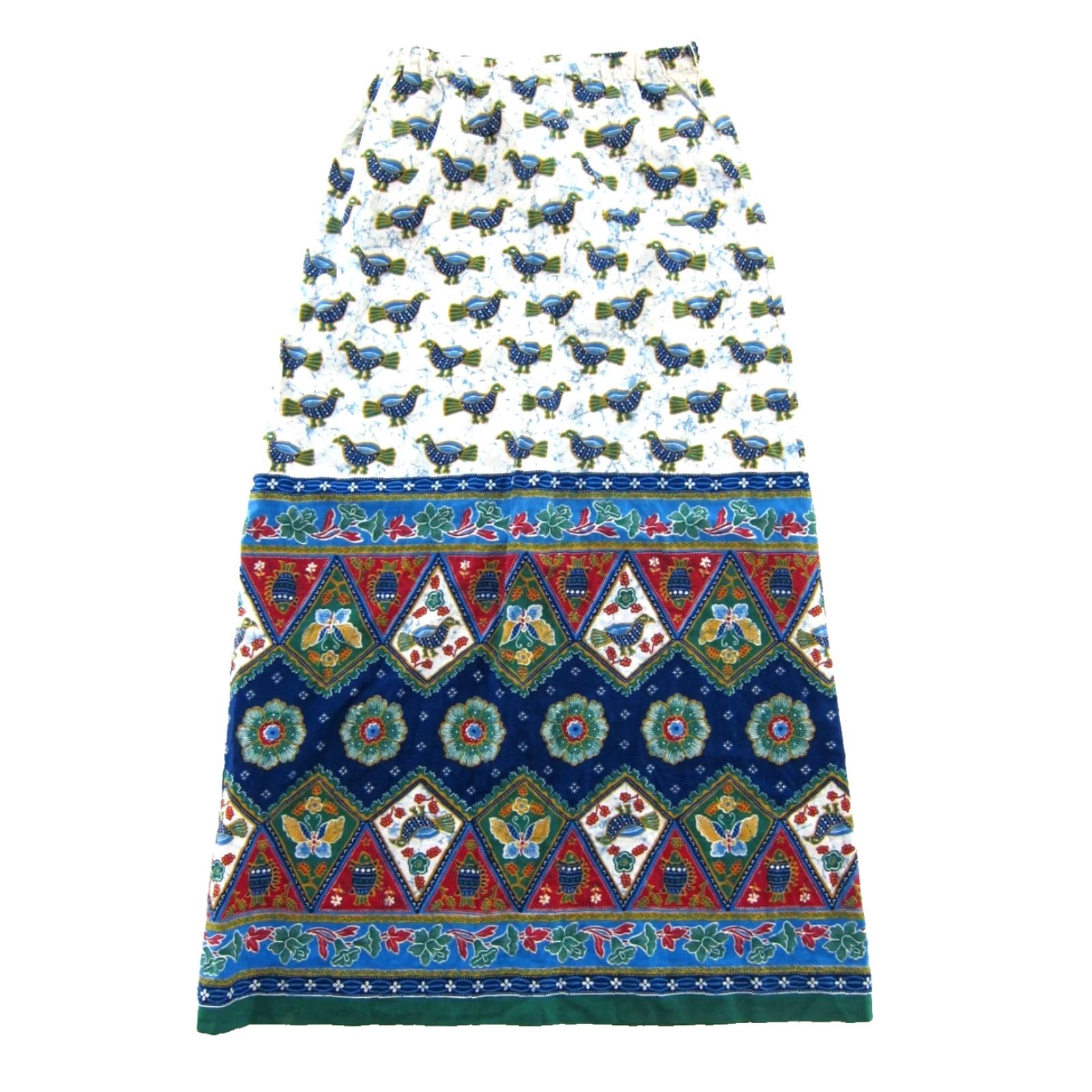 Vintage VINTAGE Point Of View Skirt Maxi Floral Bohemian 90s Blue White Green Red Bird Cotton Elastic Waist XS Womens Size 26" / US 2 / IT 38 - 2 Thumbnail